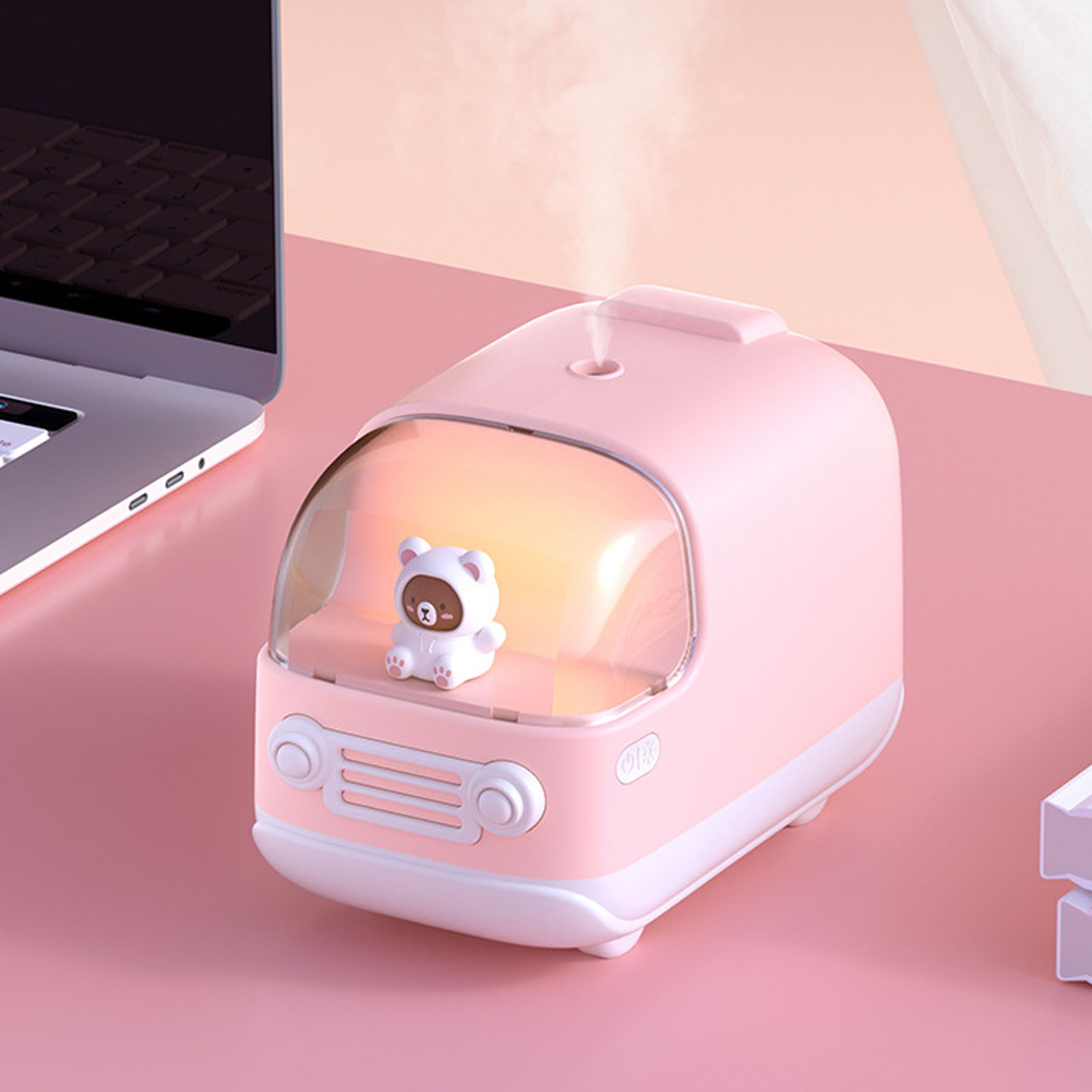 Mini-usb-luftbefeuchter In Form Eines Bärenbusses, Kleiner Luftbefeuchter Für Zuhause, Tischluftbefeuchter, Rosa.