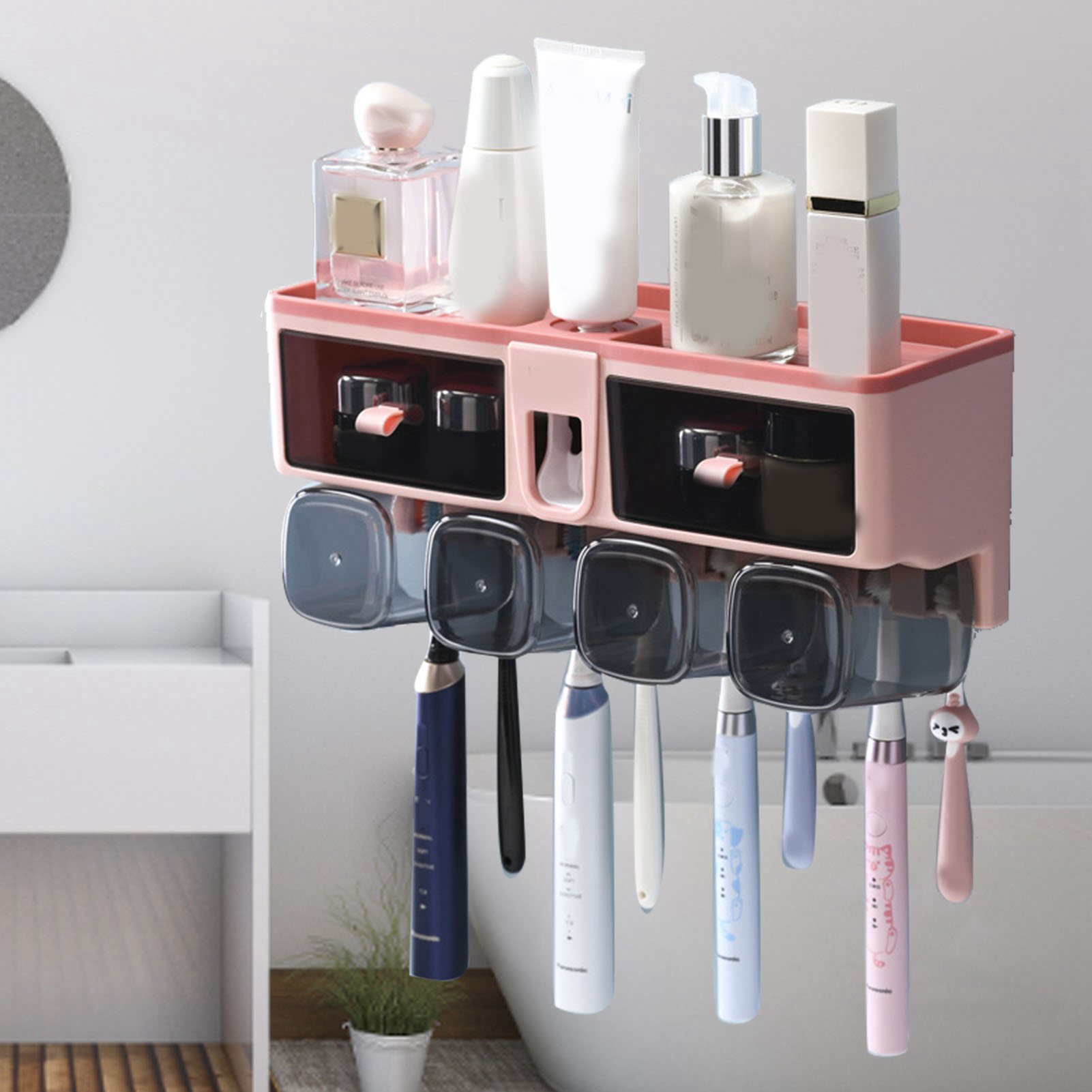 Zahnbürstenhalter, Mundspülbecher, Wandmontierte Badezimmer-aufbewahrungsbox, Kein Bohren Erforderlich, Set Mit Vier Rosa Bechern