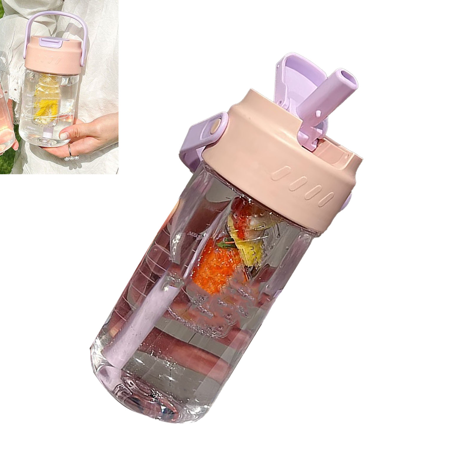 Großer, Blumengemusterter Strohhalmbecher Mit Großem Fassungsvermögen, Ideal Für Schüler Und Kinder, Mit Separaten Fächern Für Tee Und Wasser, Aus Rosafarbenem Kunststoff.