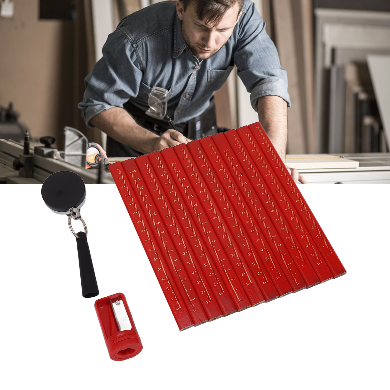 Set Mit 18 Cm Langen Zimmermannsbleistiften, Achteckigem Tischlerbleistift, Markerbleistift Für Bau- Und Holzbearbeitungsarbeiten Mit Zubehör, Rot