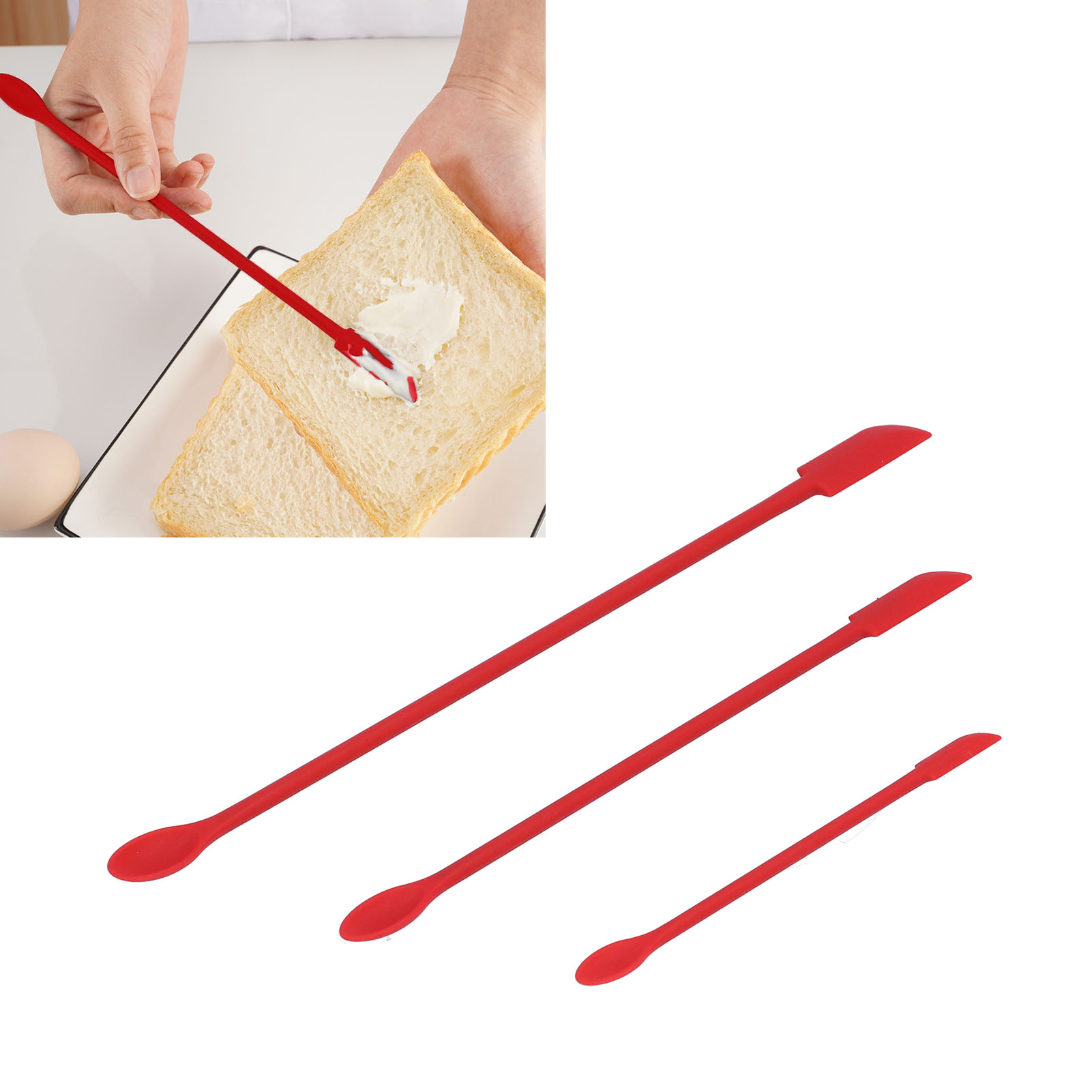 Dreiteiliges Rotes Set Bestehend Aus: Mini-silikonspatel Mit Spitze, Länglicher Spatel Für Make-up-fläschchen, Marmeladen-/butterspatel, Doppellöffel, Tortenmesser.