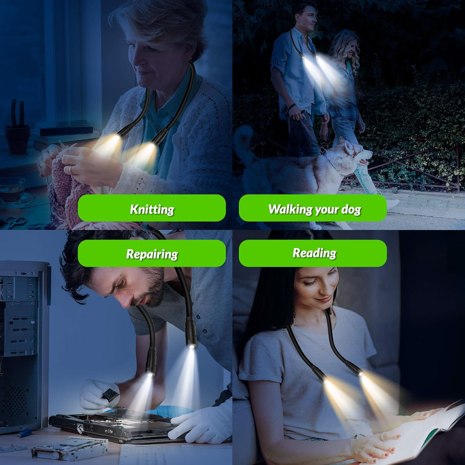 Led-nackenleselampe, Nachtlicht Für Bücher, Wiederaufladbarer Akku, 3 Farbtemperaturen, 3 Helligkeitsstufen, Einstellbare Intensität. Ideal Zum Lesen, Stricken, Basteln Und Gassigehen.