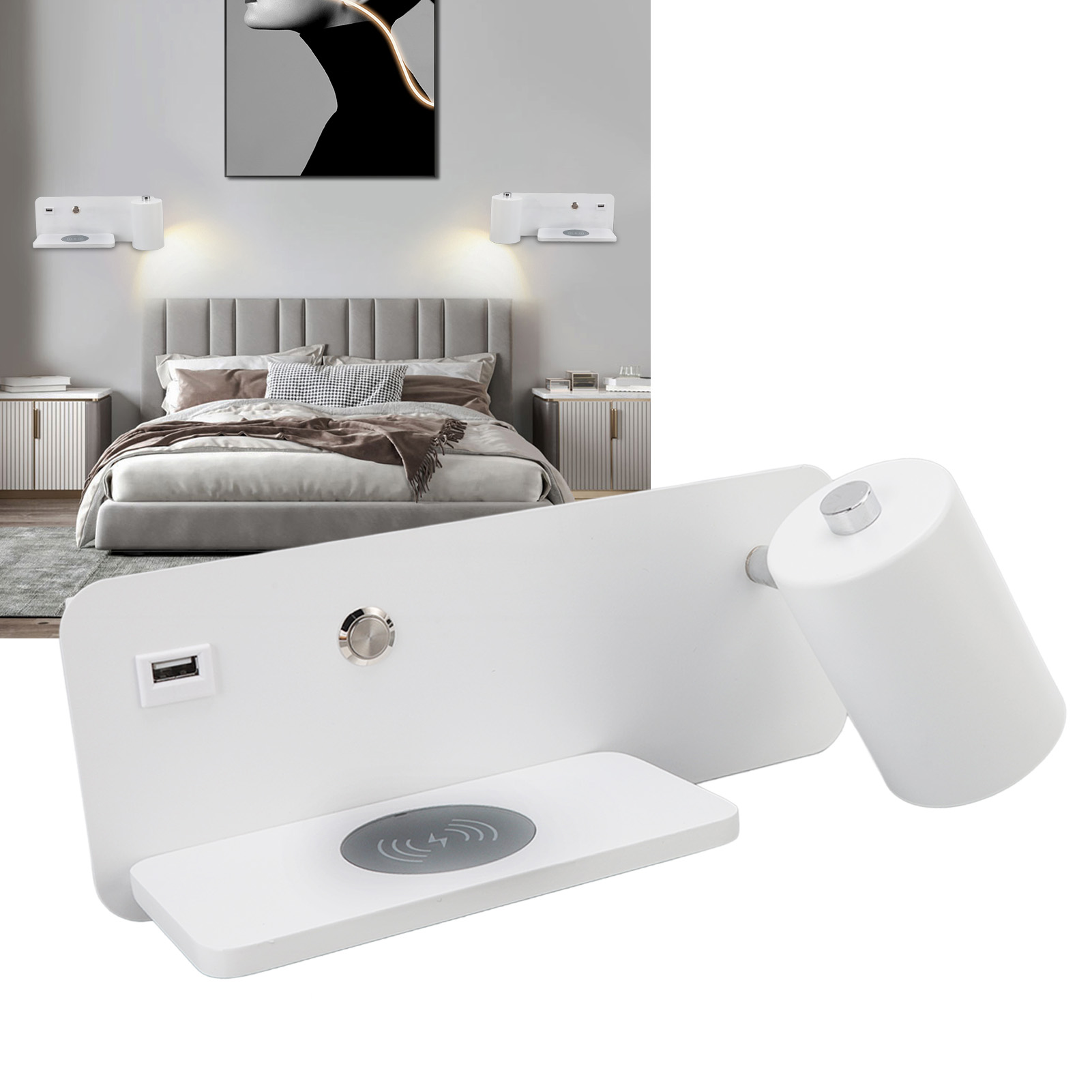Led-wandleuchte Mit Usb-anschluss Und Kabelloser Ladefunktion Für Handys, Gu10, Hintergrundwandleuchte Für Wohnzimmer, Nachttischlampe Für Schlafzimmer, Leselampe, Weißer Spot, Rechte Seite.
