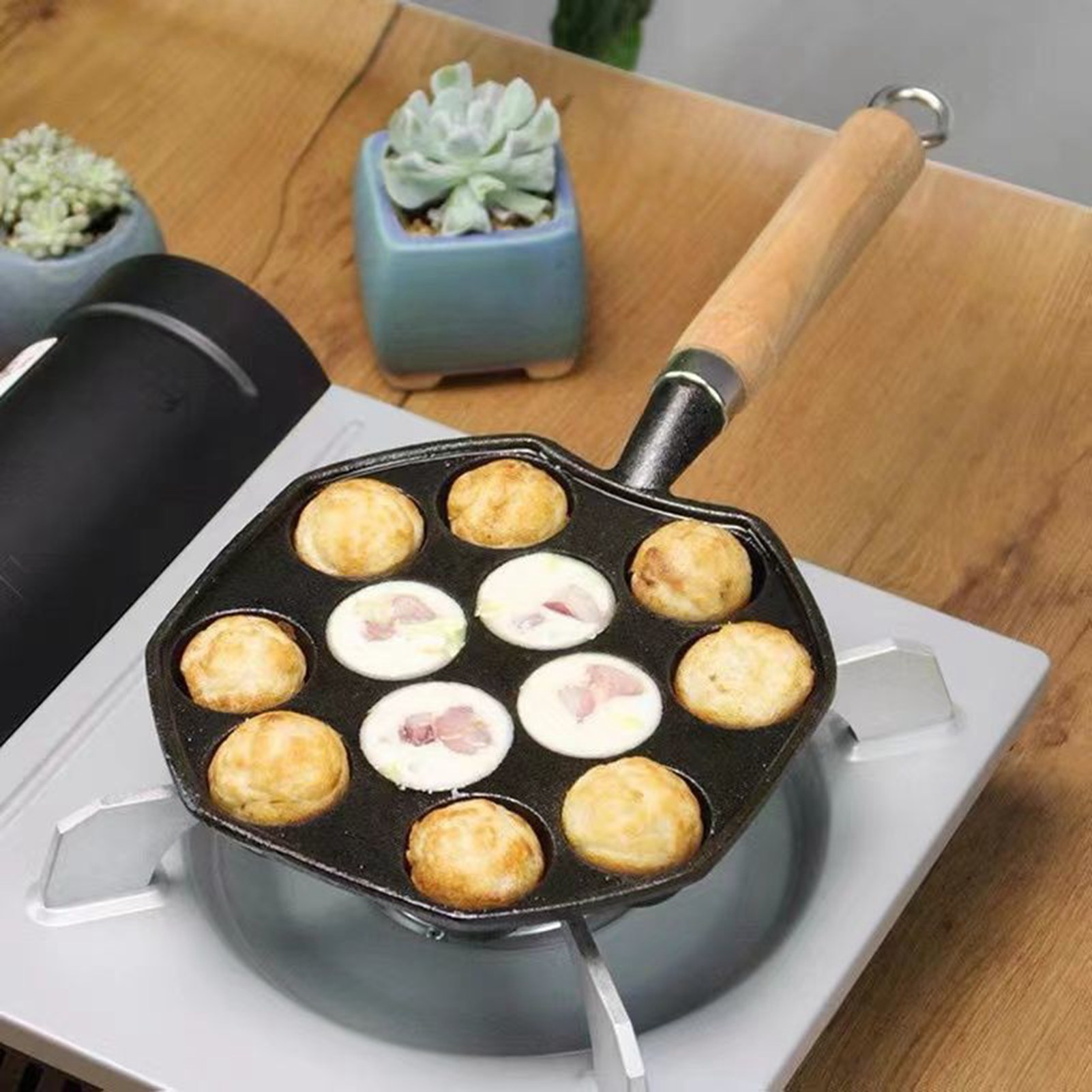 Unbeschichteter Takoyaki-topf Aus Gusseisen, Takoyaki-pfanne Mit 14 Mulden, Kochplatte Für Wachteleier, Garnelen-takoyaki-topf