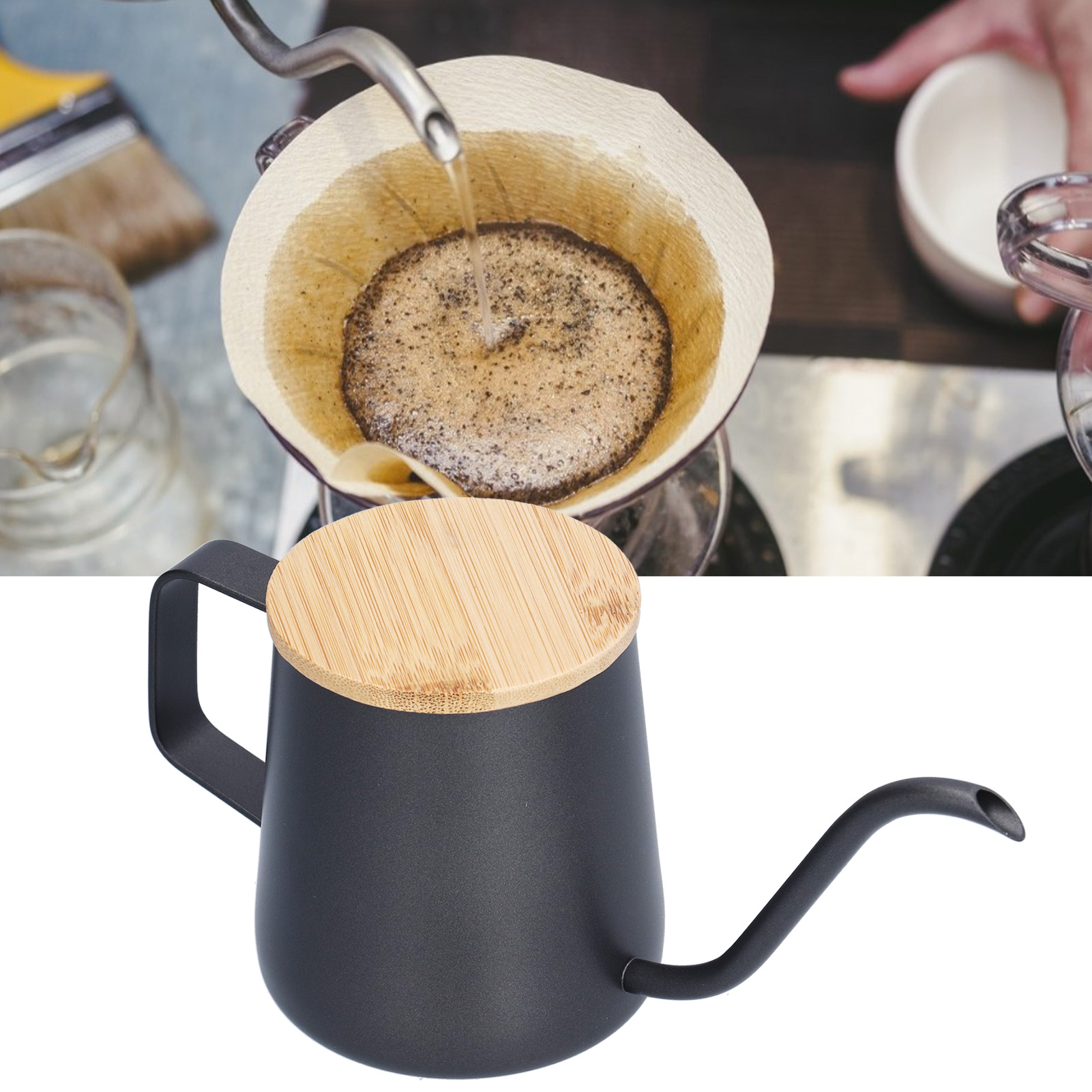 350-ml-filterkaffeemaschine Aus Edelstahl 304 Mit Bambusdeckel Und Schwarzer Teflonbeschichtung, Tropffreiem Griff Und Schmalem Ausguss.