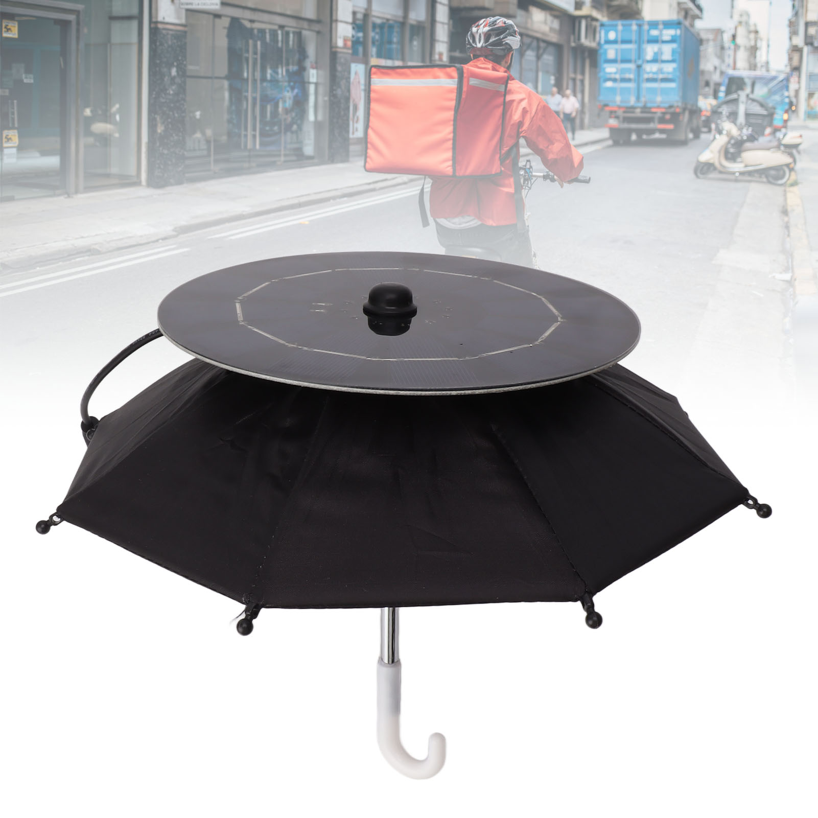 Selbstgebauter Mini-motorrad-regenschirm Mit 10-w-solarpanel Und Mini-sonnenschutz – Künstlerische Dekoration Für Essenslieferanten Und Handyhalter