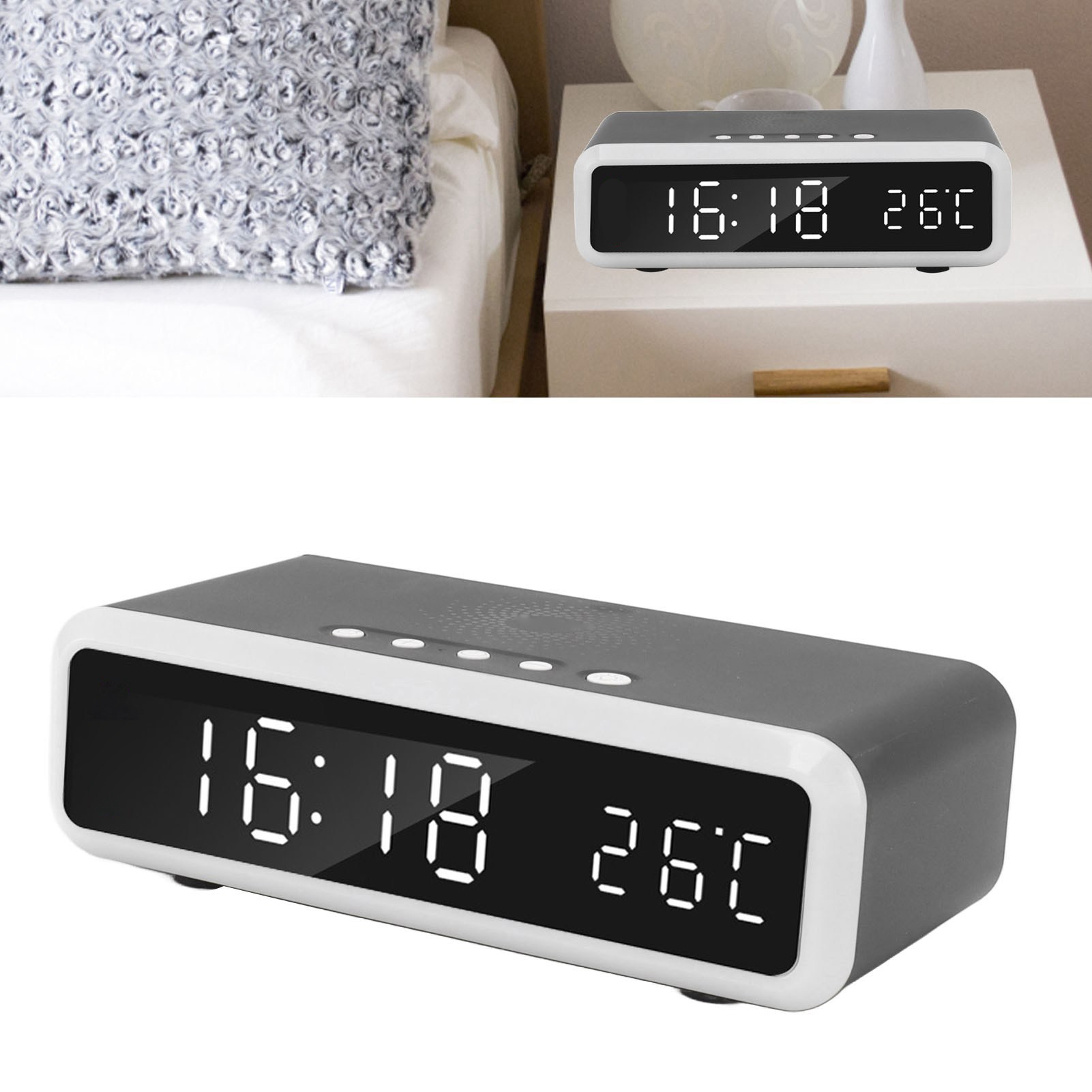 Nachtlicht-wecker Mit Kabellosem Ladegerät, Wecker Mit Stilllicht, 15w Kabelloser Wecker Mit Ladegerät, Schwarz.