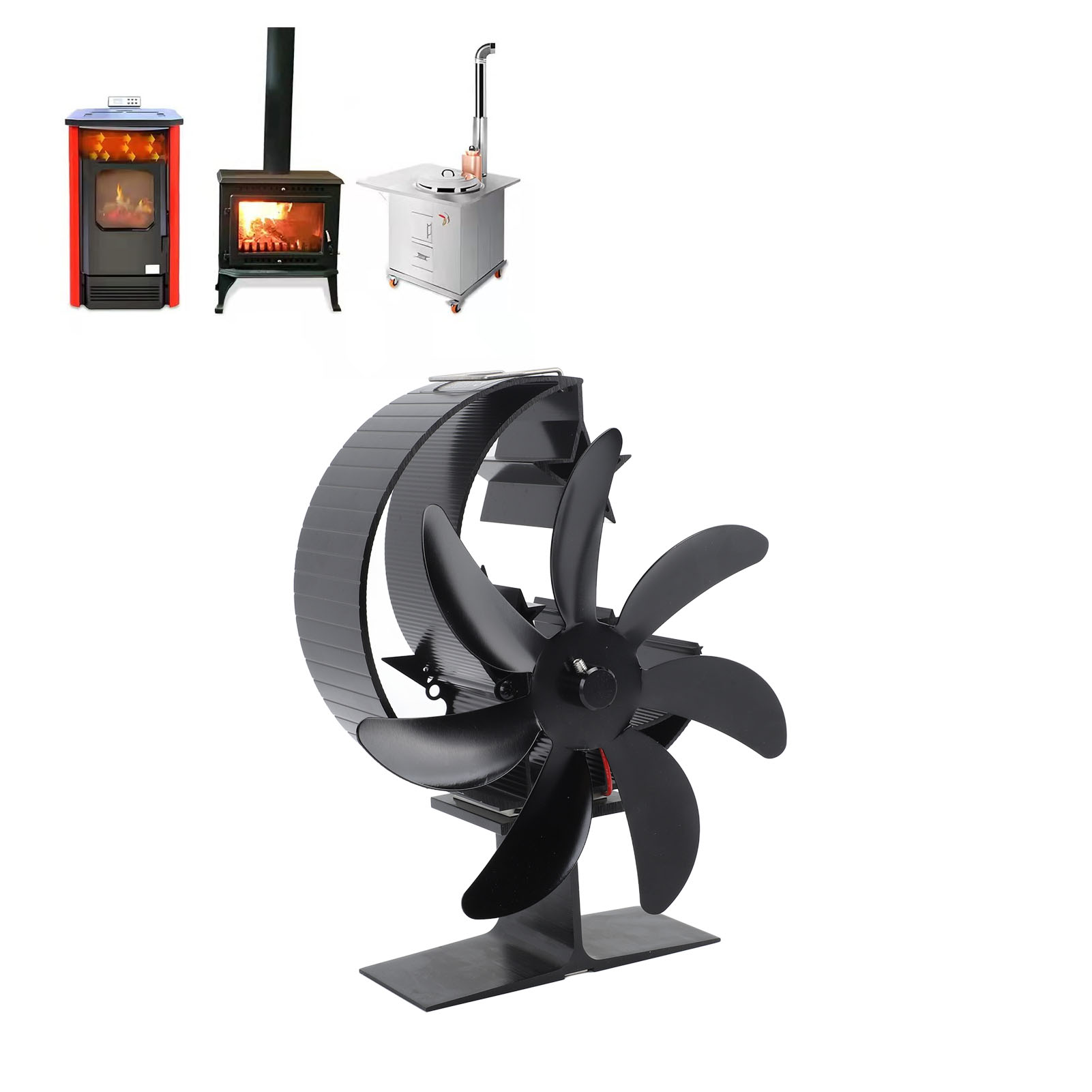 Mondförmiger Thermoventilator Für Holzöfen, Ideal Zum Eisangeln Und Campen (schwarz)