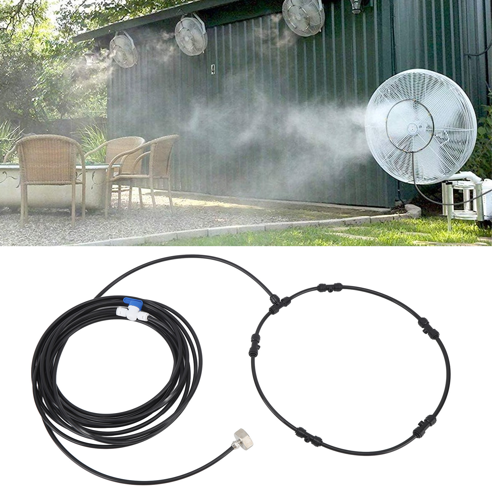 Dieses Erfrischende Outdoor-sprühsystem Ist Ideal Für Terrassen Und Innenhöfe. Es Versprüht Einen Kühlen Wassernebel Und Beinhaltet Einen 3/4"-adapter, Einen 8 Meter Langen Schlauch, 6 Düsen Und Ein A