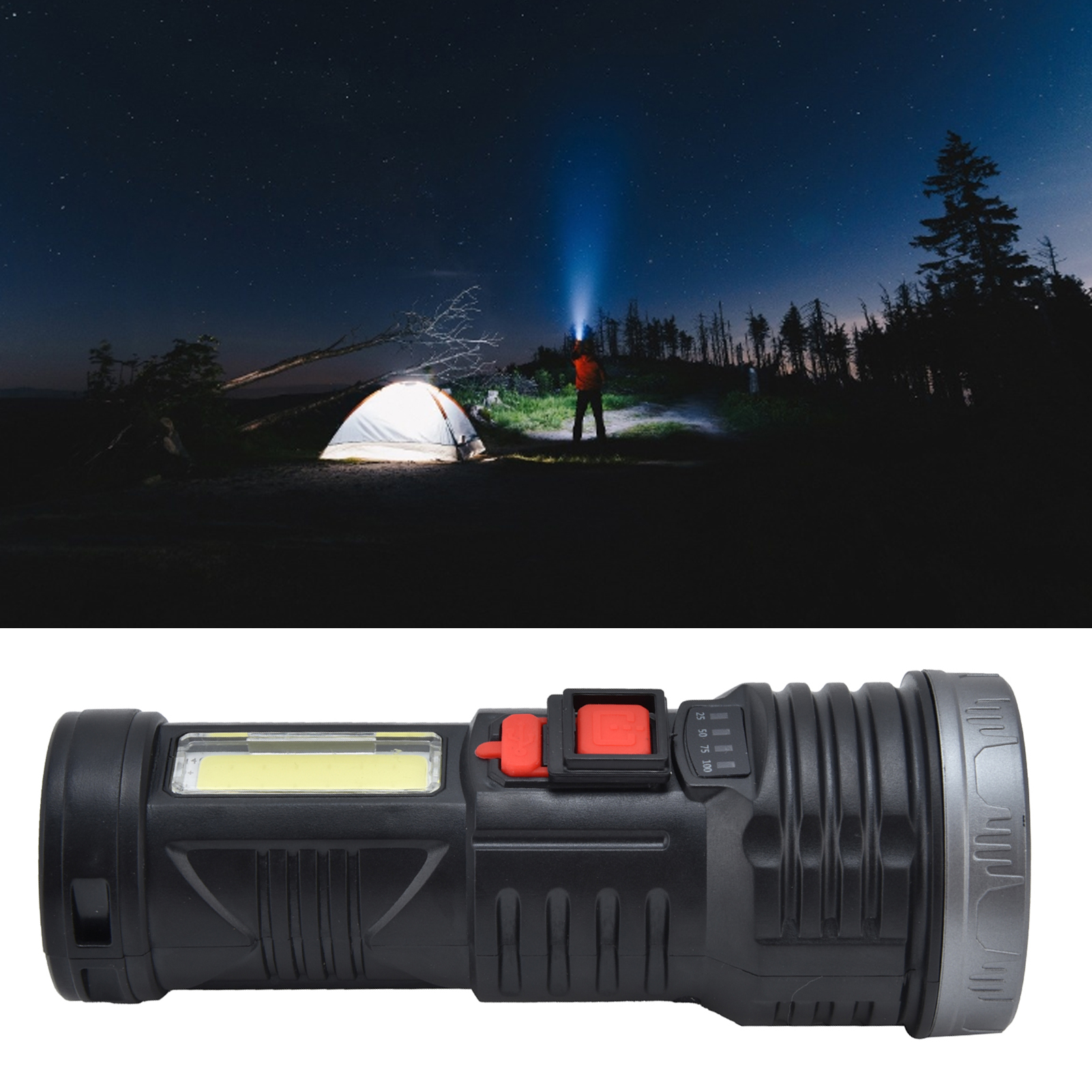 Cob-led-taschenlampe Mit Seitenbeleuchtung, Usb-aufladbar, Mit Starker Und Weitreichender Beleuchtung, Batterieanzeige, Tragbare Outdoor-taschenlampe