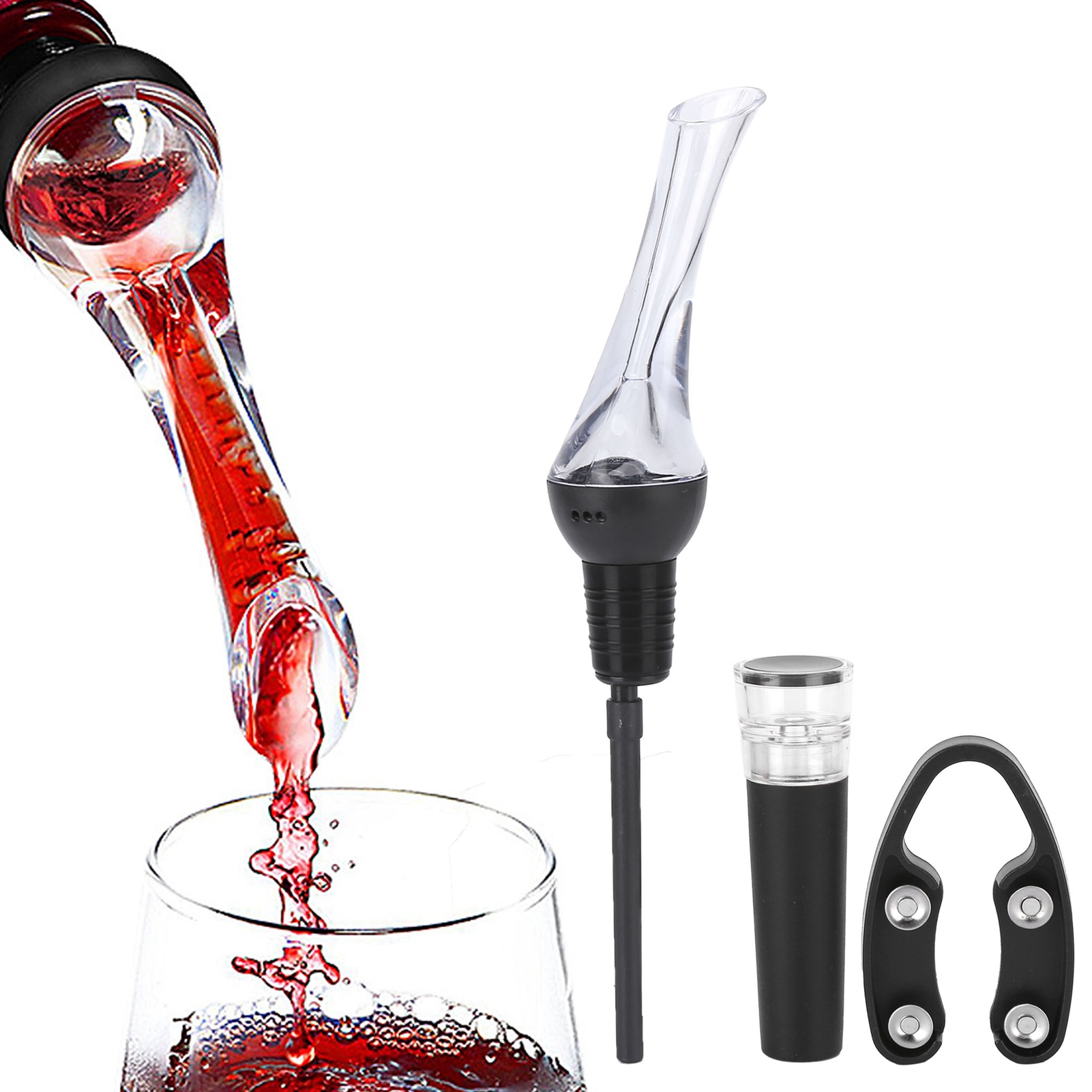 Dekanter Mit Schwarzem Rand Und Ausgießer + Kleiner Weinschneider + Vakuumverschluss + Gelbe Geschenkbox Zum Schnellen Dekantieren Von Rotwein