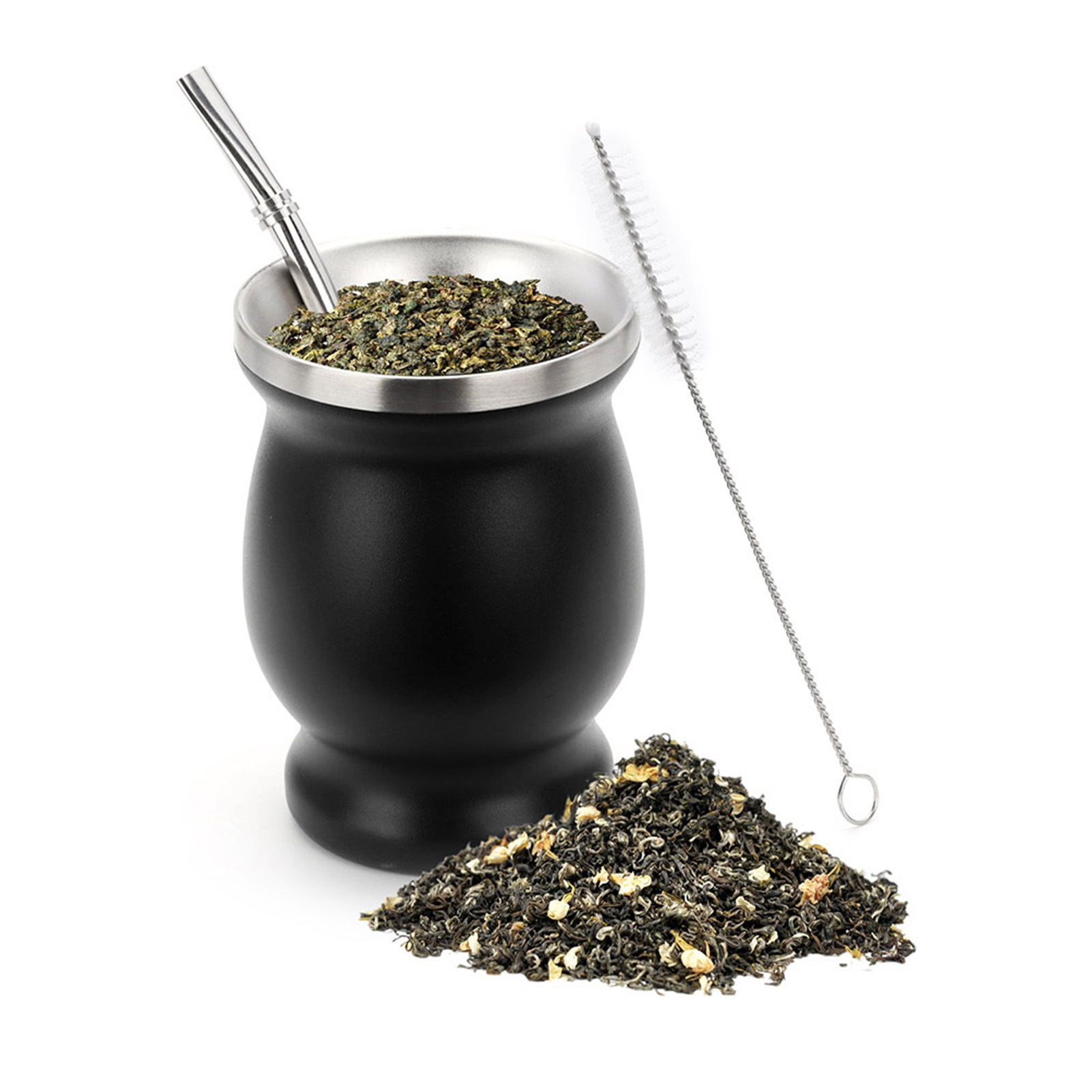 Schwarzer Becher Mit Strohhalm, Sieb Und Bürste Mate-becher Aus Edelstahl Kürbisförmige Teetasse Wasserglas Großer Argentinischer Bauchbecher Aus Südamerika Isolierbecher.