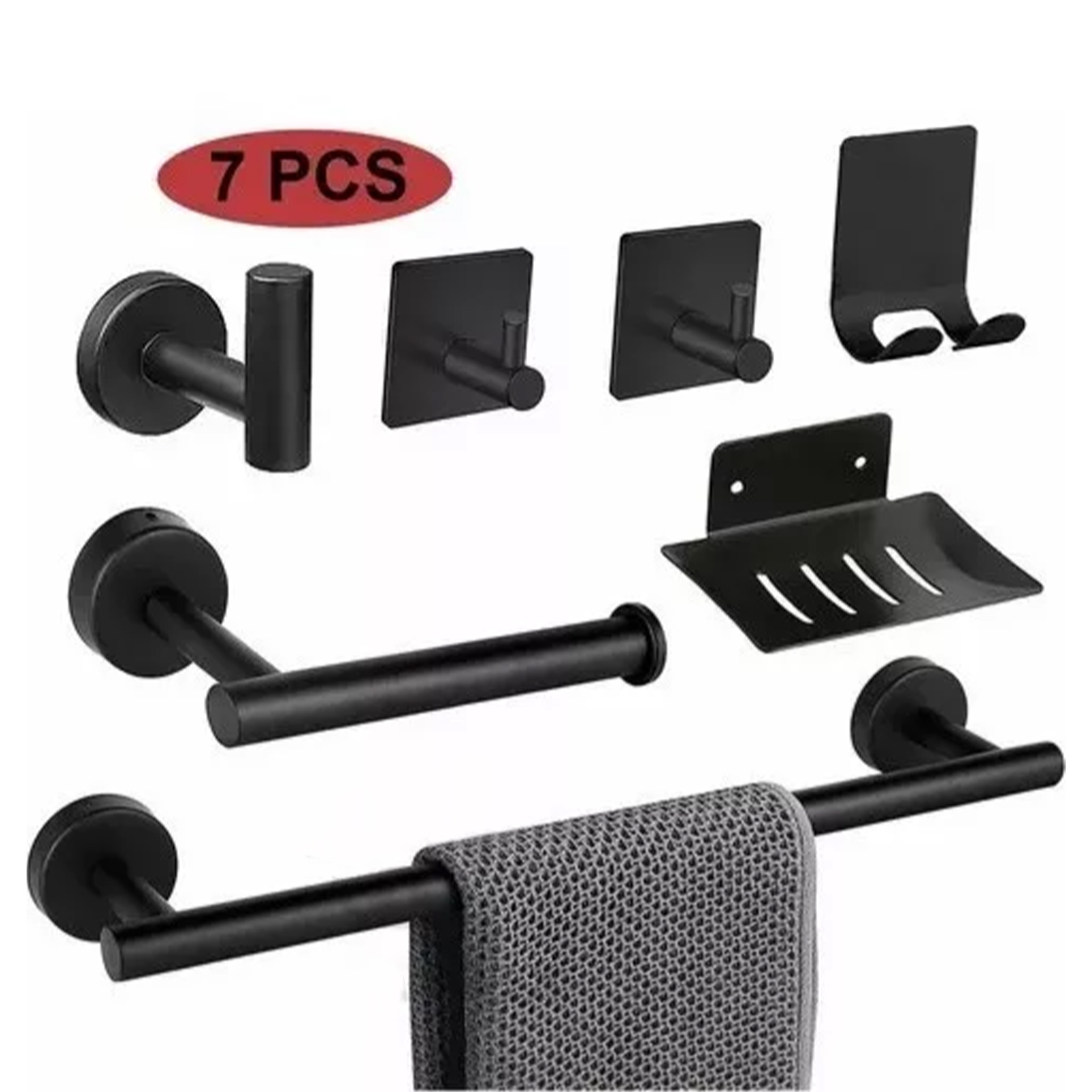 Set Mit 7 Schwarzen Haken Aus Edelstahl 304, Robuste Klebehaken, Türhaken, Stifte, Perforierte Metallhaken, Papierhandtuchhalter, Handtuchstangen, Badezimmeraccessoires
