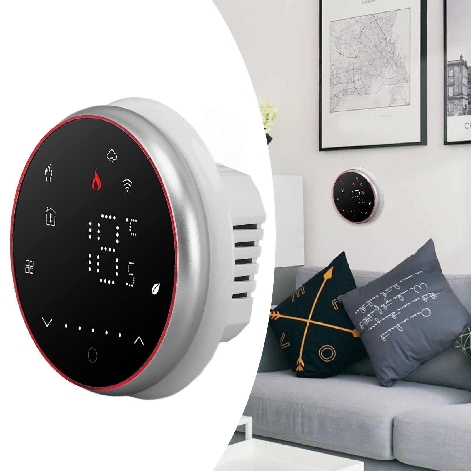 Kabelloses Smart-thermostat-bedienfeld Für Vernetzte Haushalte Mit Sprachsteuerungs-app, Ac95240v, Schwarzer Runder Sockel.