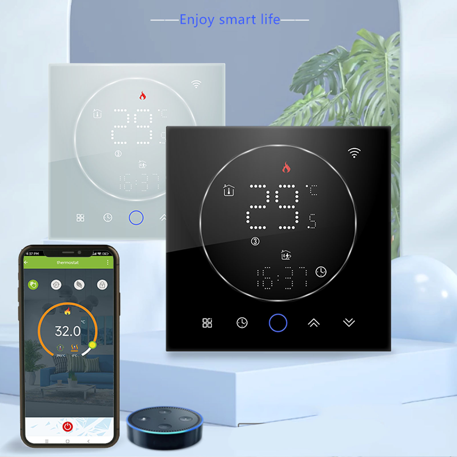 Drahtloser Wifi-sprachthermostat Mit Smart Graffiti, Intelligentes Wifi-heimthermostat-bedienfeld, Wandthermostat Mit Trockenkontakt, Ac95240v, Schwarz.