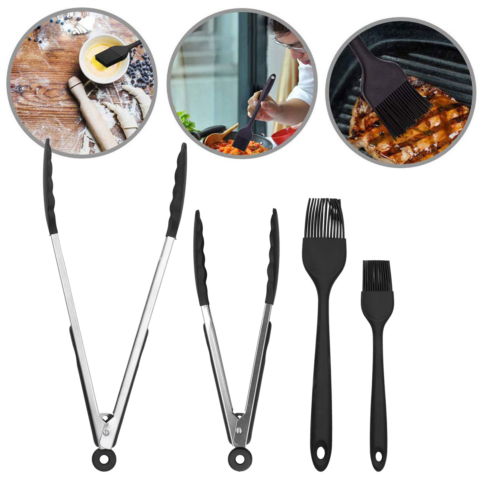 4-teiliges Set Aus Schwarzem Silikon, Bestehend Aus Einer Speisezange, Einem Ölpinsel Zum Kochen, Einem Grillpinsel Und Küchenutensilien Aus Silikon.
