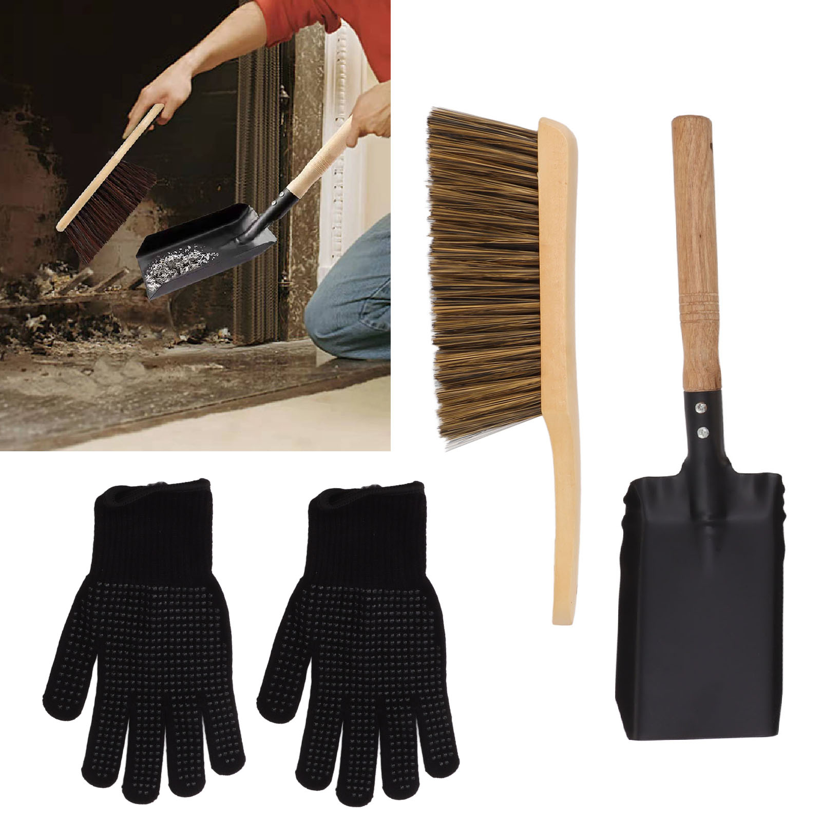Kaminreinigungsset Inklusive Eisenschaufel, Bürste Für Holzöfen, Schwarzen Silikonhandschuhen, Kaminschaufel Und Einem Set Kaminascheschaufeln.