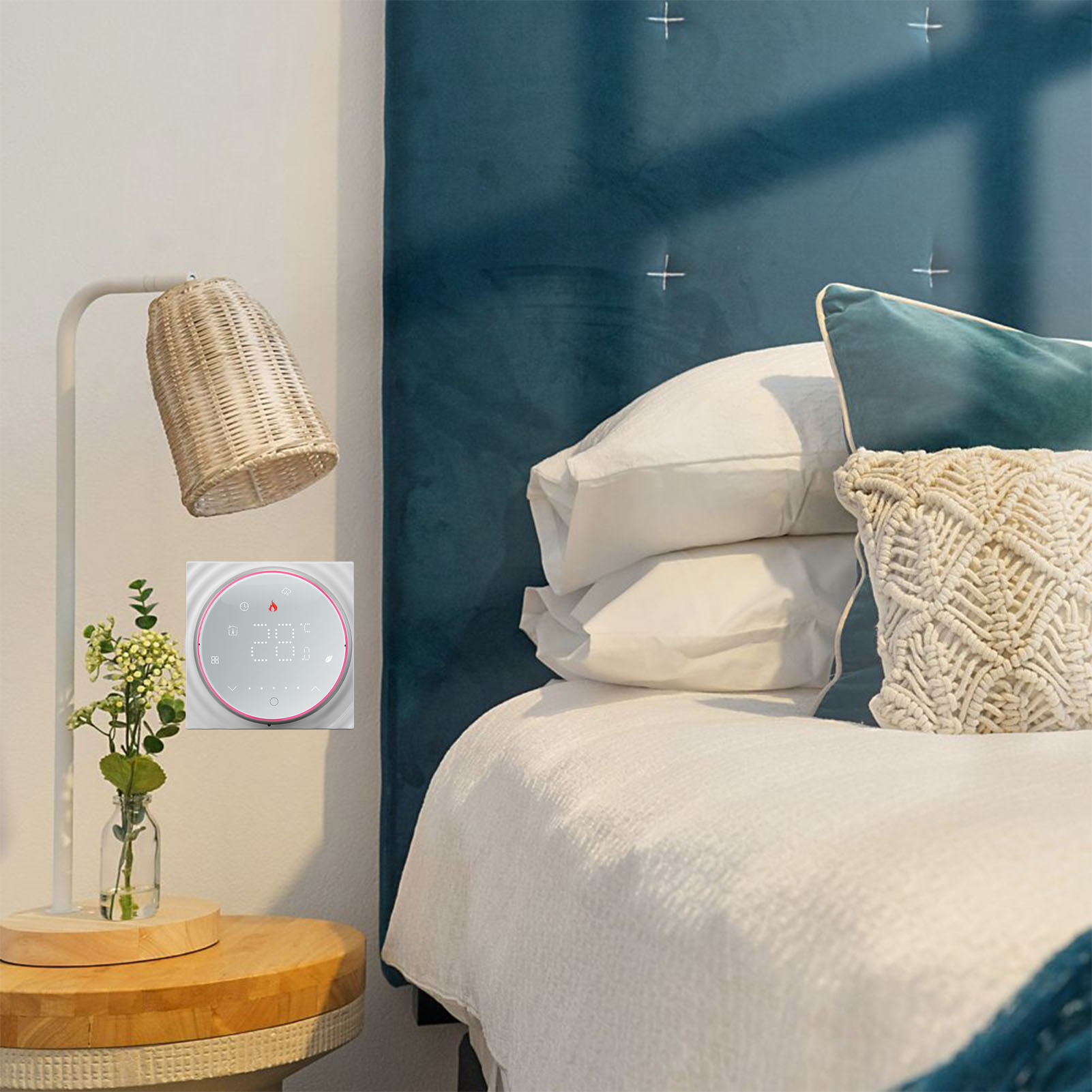 Kabelloser Smart-thermostat, Smart-thermostat Für Vernetzte Haushalte, Programmierbarer Temperaturregler, Wandthermostat Mit Potentialfreiem Kontakt, Ac95240v, Quadratischer Sockel, Weiß.