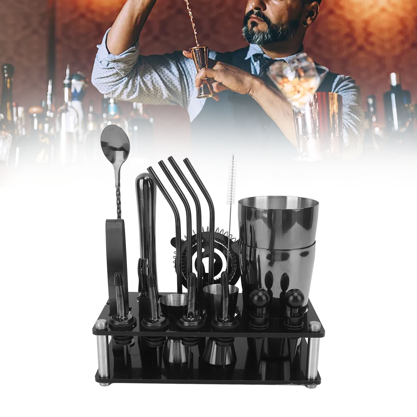 Set Aus 20 Schwarzen Boston-barutensilien, Inklusive Cocktailshaker Und Mixer Aus Edelstahl.