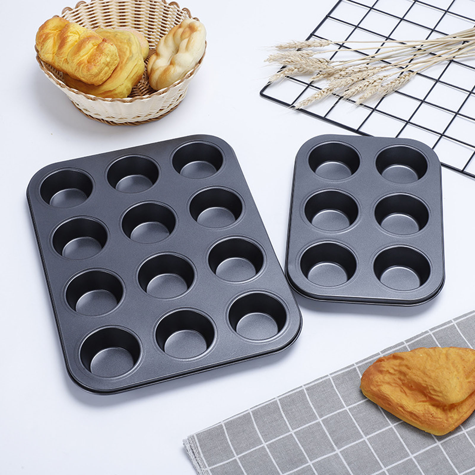 3-teiliges Antihaft-muffin- Und Cupcake-backblech, 12 Mulden, Teflonbeschichtung, Runde Kuchenform, Eierkuchenform, Muffinformen Mit Flachem Boden