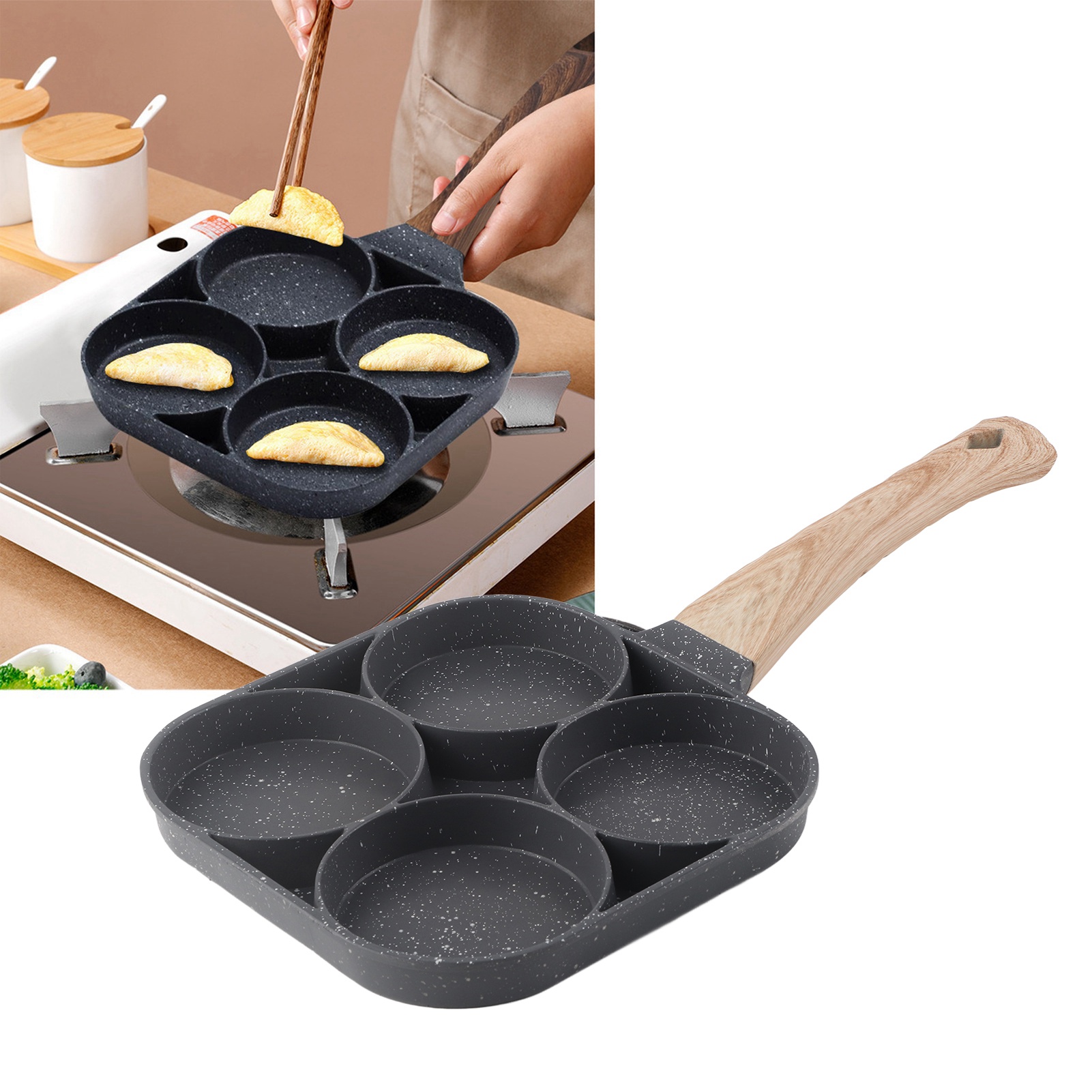 Maifan Mini-aluminium-eierburgerpfanne Mit Flachem Boden Und 4 Mulden, Antihaftbeschichtete Frühstücksform Mit Holzgriff