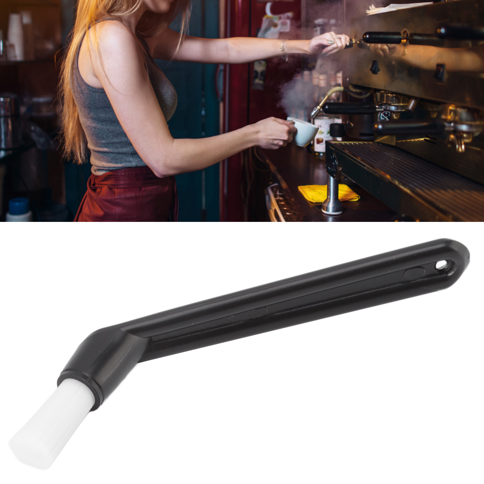 Schwarze Reinigungsbürste Für Espressomaschinen Mit Gebogenem Griff Und Borsten Zur Reinigung Des Maschinenkopfes.