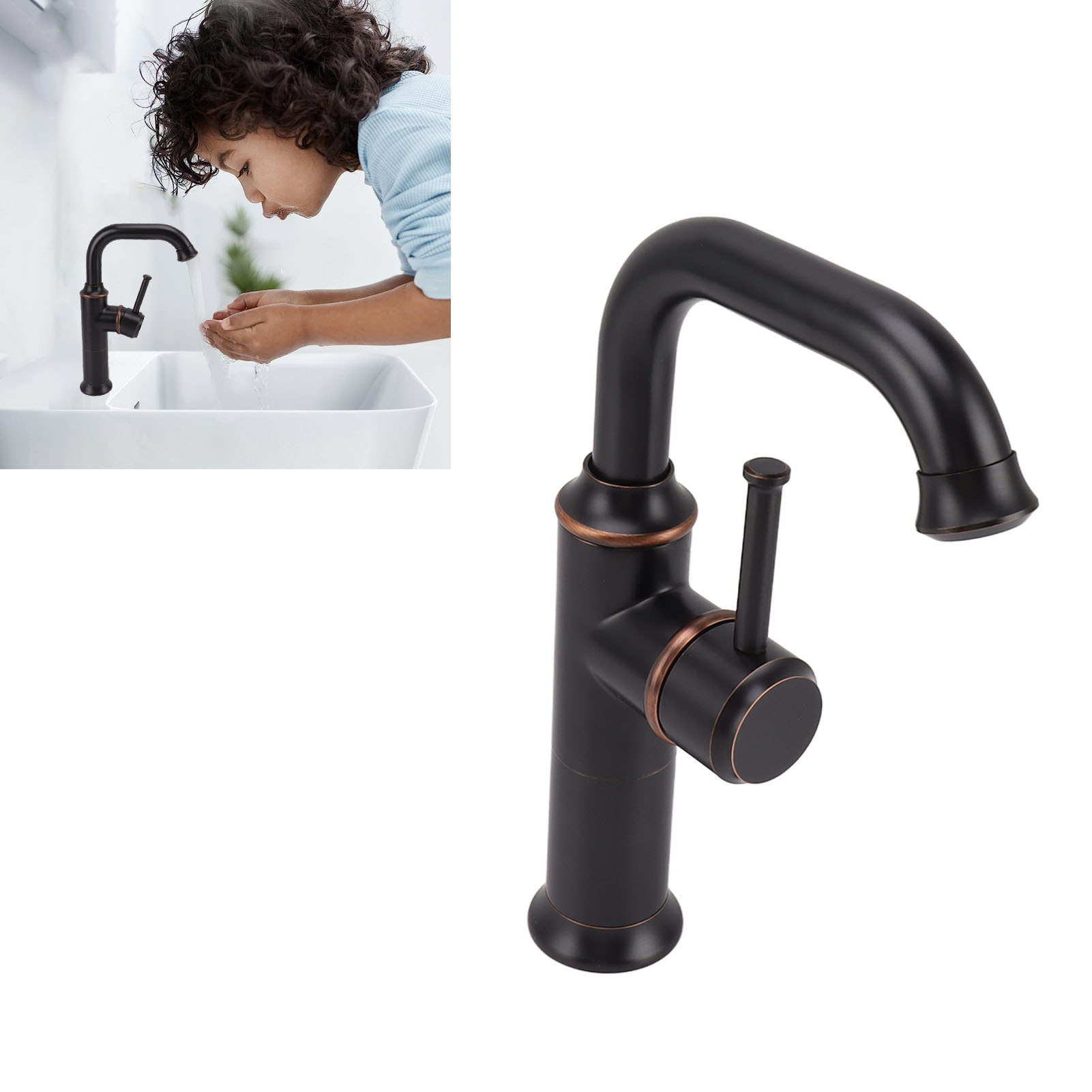 Europäischer Wasserhahn Aus Vollkupfer Für Bad Oder Küche, Kann Mit Separaten Warm- Und Kaltwasserleitungen Installiert Werden, Wasserhahn Im Retro-stil, Waschbeckenarmatur, Bleifrei, Schwarz.