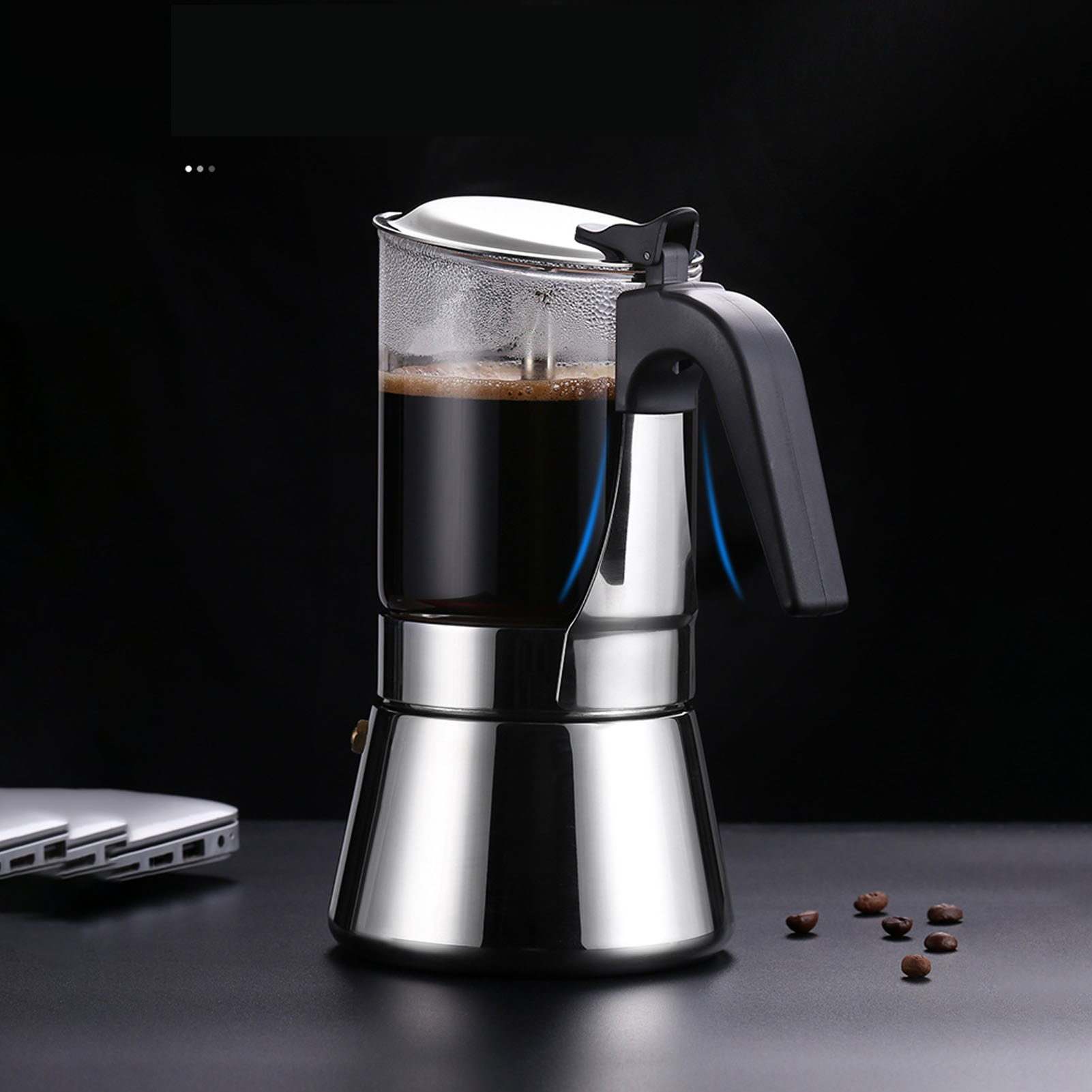 Visuelle 4-tassen-kaffeemaschine, Italienische Moka-kanne, Kaffeebereiter Aus Schwarzem Edelstahl Mit Brühfunktion