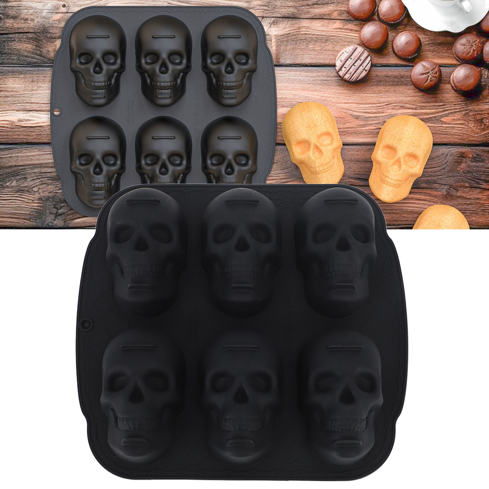 Schwarze Silikon-kuchenform In Totenkopfform Mit 6 Mulden Für Halloween