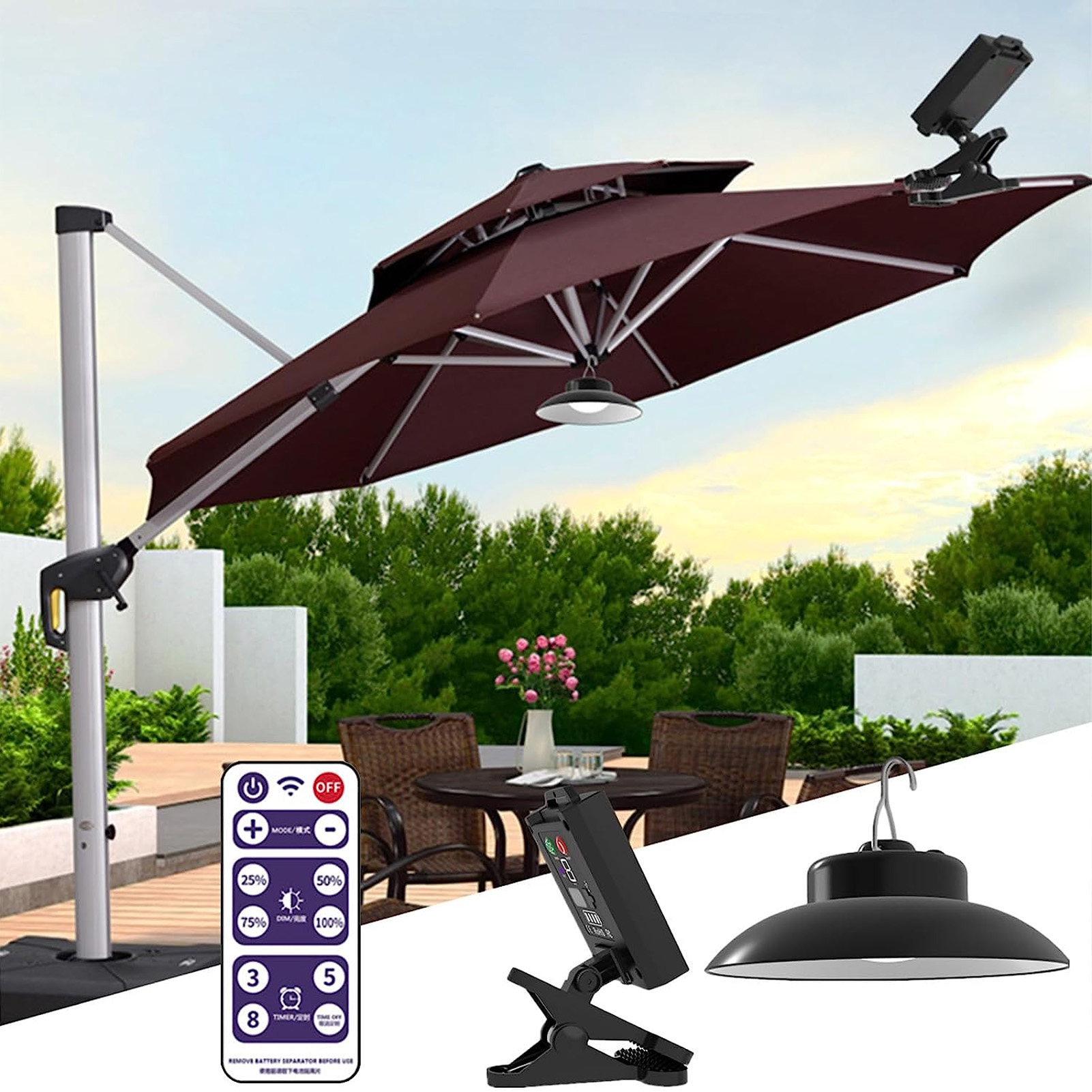 Sonnenschutzlampe Für Den Außenbereich, Terrassenlampe, Campinglampe, Wasserdichte Gartenlampe Für Den Außenbereich, Zeitschaltuhr Mit Fernbedienung, Solarbetriebene Led-sonnenschutzlampe.