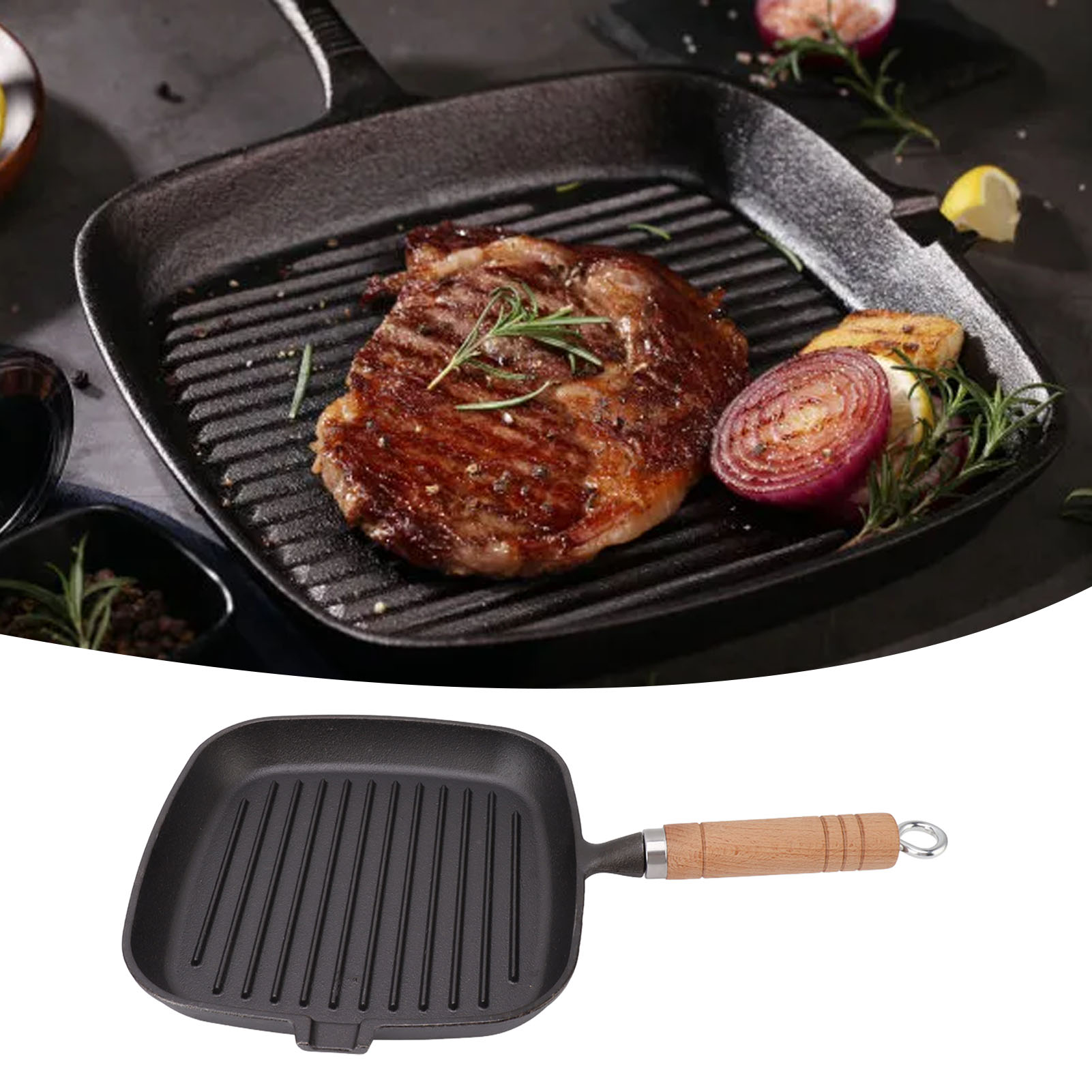 Gusseiserne Pfanne Mit Holzgriff, Steakpfanne, Gerippt, Flacher Boden, Quadratisch, Für Den Hausgebrauch, Unbeschichtet, Antihaftbeschichtet, Gesund.
