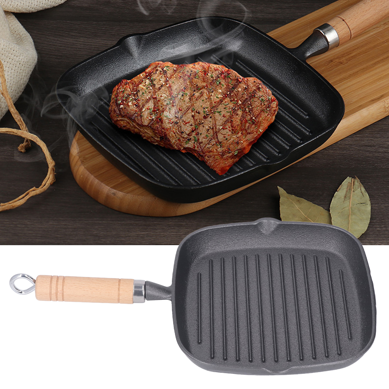 Quadratische Steakpfanne Mit Antihaftbeschichtung Und Gestreiftem Holzgriff, Steakgrillplatte Aus Gusseisen