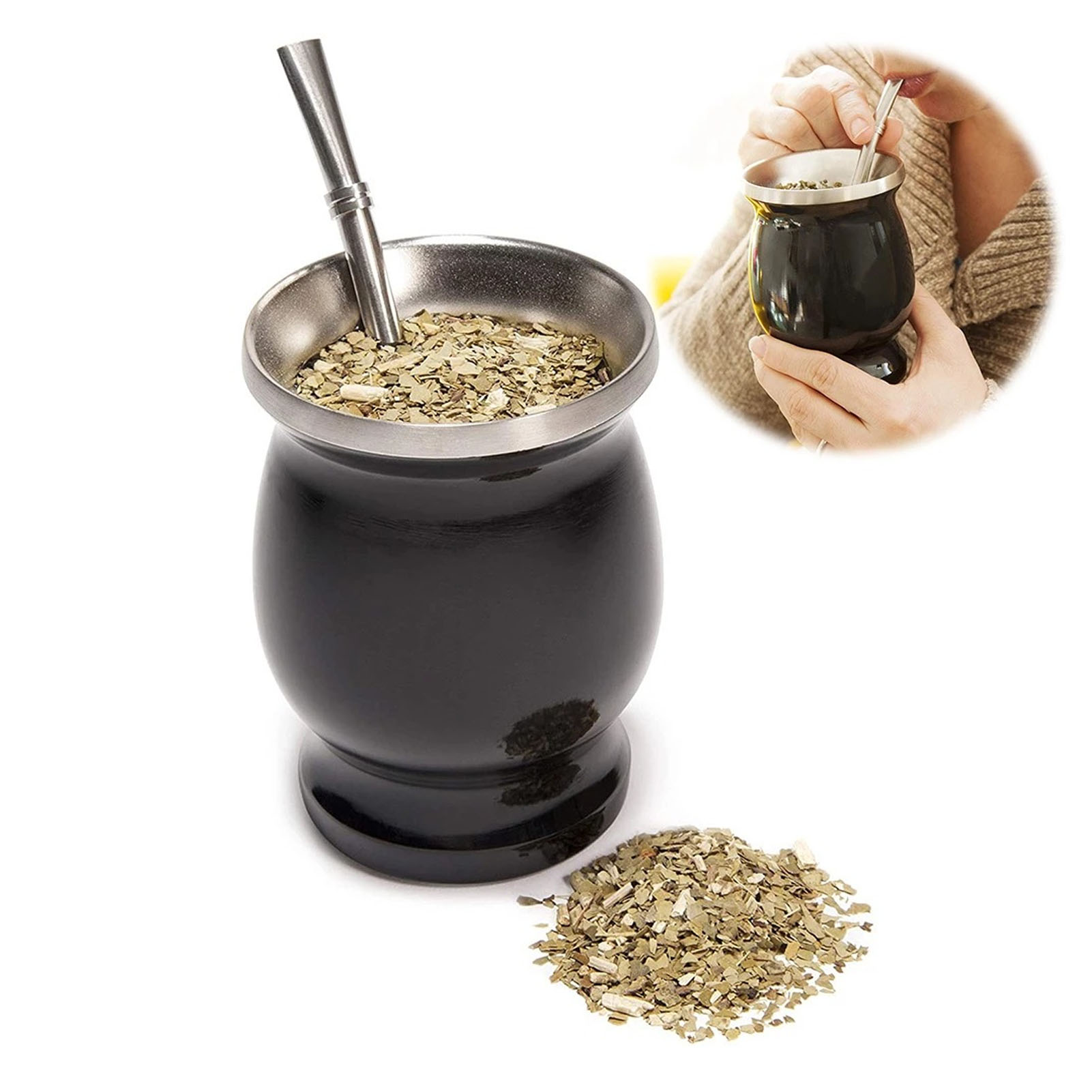 Mate-becher 230 Ml (8 Oz), Kürbisförmig, Isolierter Becher, Schwarz (mit Löffel, Strohhalm Und Reinigungsbürste).