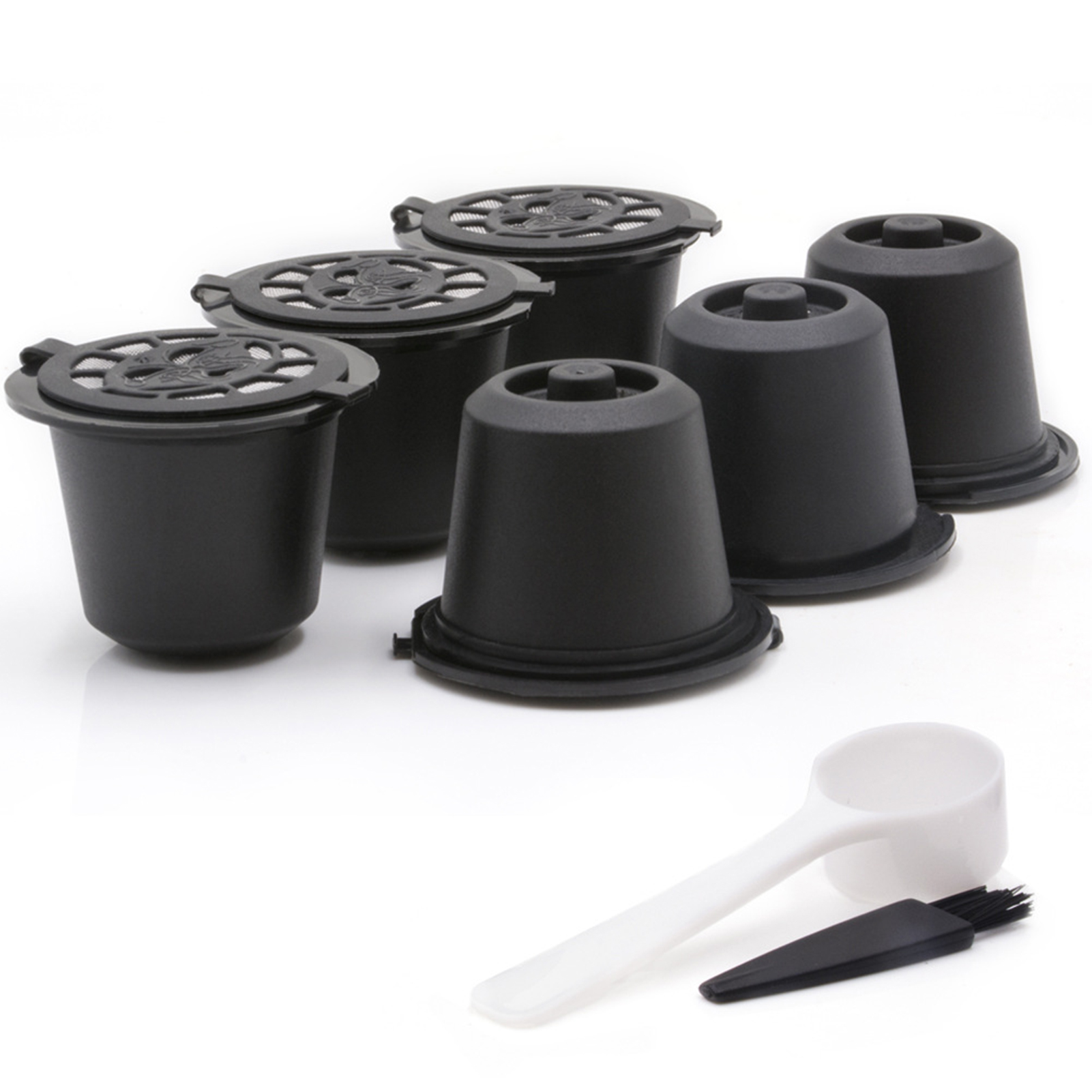 Set Mit 6 Wiederverwendbaren Nescafé Icafilas Schwarzen Kaffeekapseln + Reinigungsbürste + Wiederverwendbarem Filter