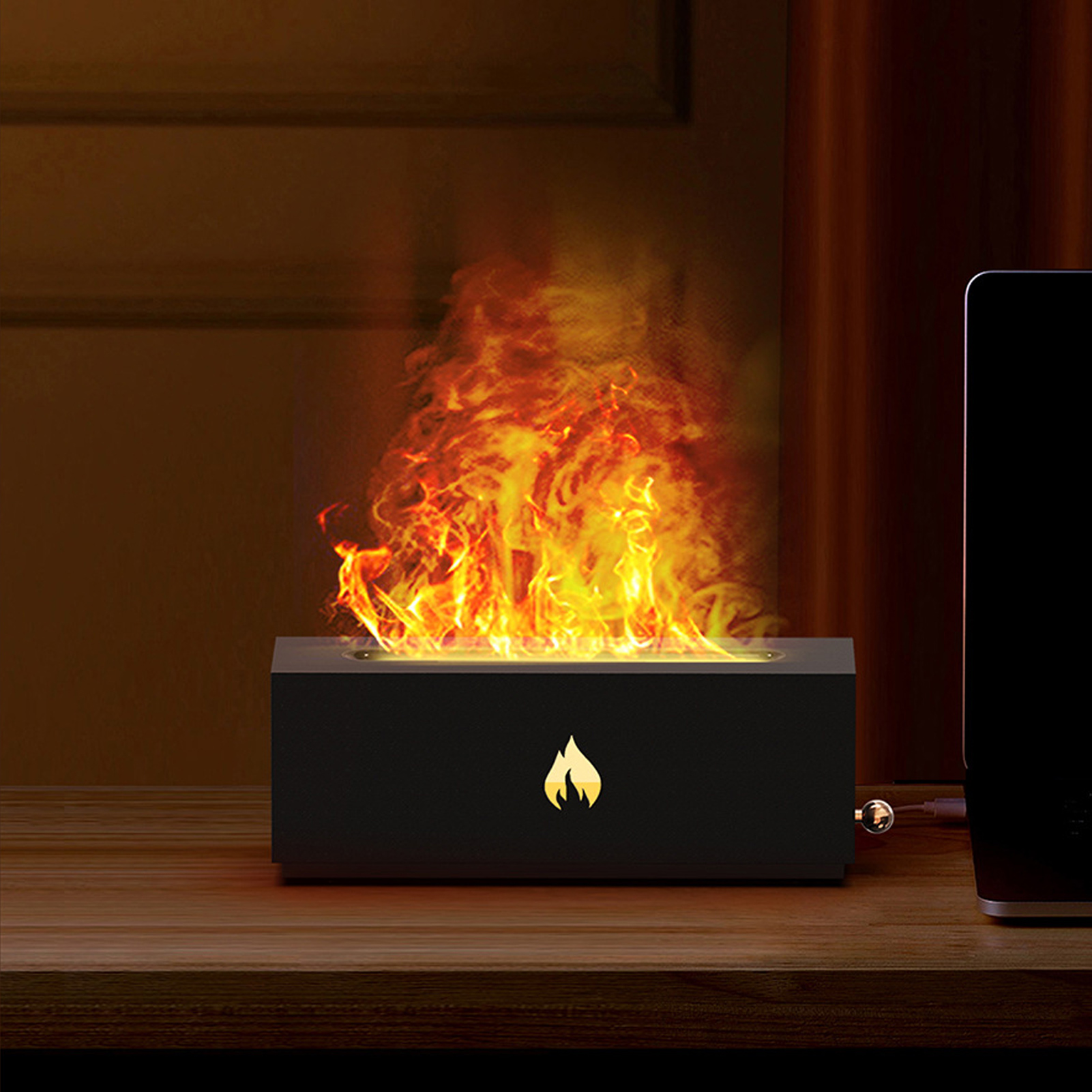 Aromadiffusor Mit Langer, Simulierter Flamme, 3d-kamin, Breiter Sprühstrahl, Raumduftverstärker, Luftbefeuchter Mit Siebenfarbiger Flamme, Schwarz.
