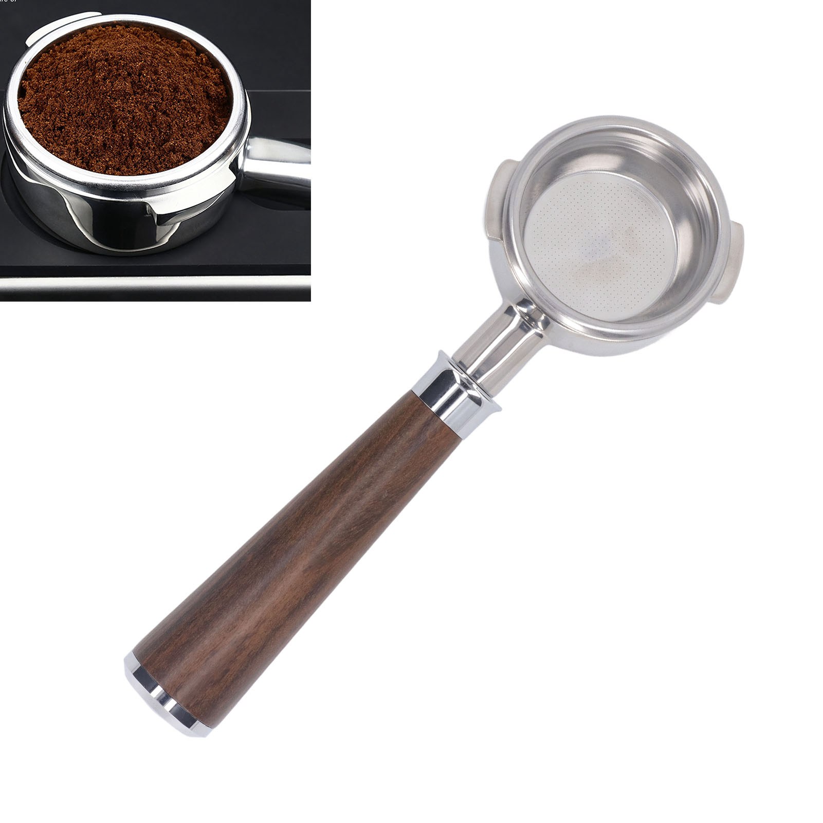Nowwa 58-mm-kaffeemaschine, Abgewinkelter Griff, Bodenlos, Edelstahl, Typ A, Schwarzes Rosenholz