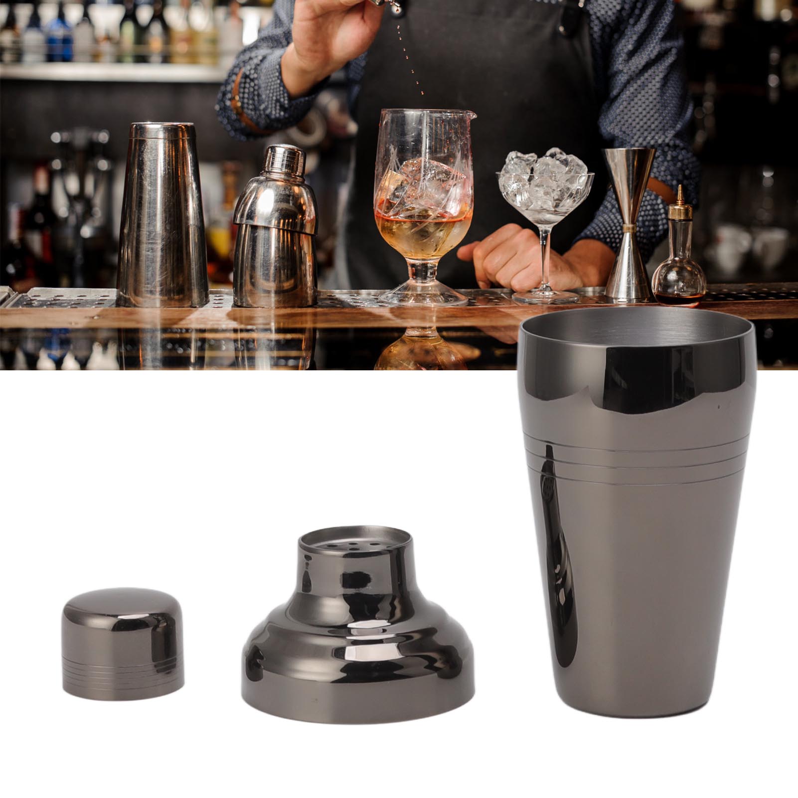 Barzubehör Aus Edelstahl, Shaker Aus Edelstahl 304, Cocktailshaker, 510 Ml, Glänzend Schwarz.