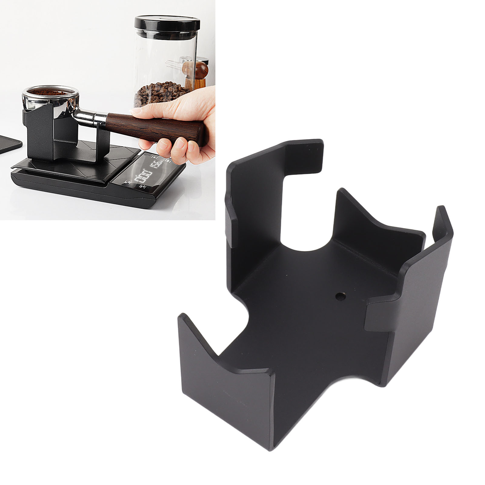 Halterung Für Schwarzen Kaffeefilterhalter Der Filterhalter Wird Flach Und Vertikal Auf Die Halterung Gestellt.
