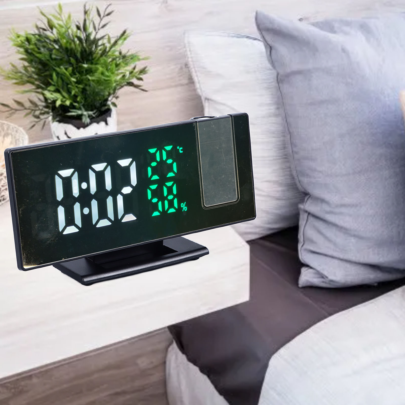 Multifunktionaler Led-projektions-digitalwecker 3718lw, Schwarzer Hintergrund, Weiße Und Grüne Beschriftung