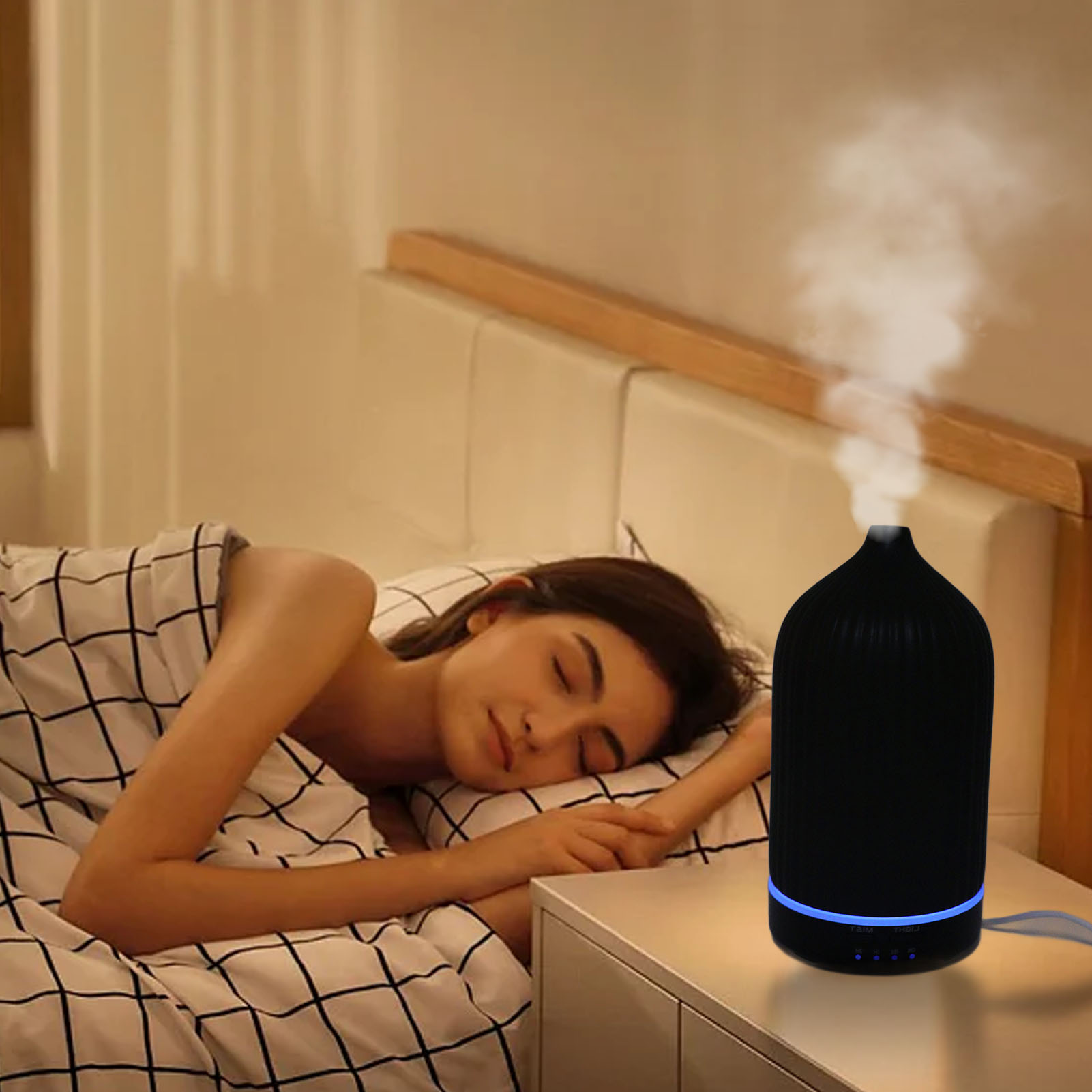 Keramischer Aromadiffusor, Ultraschall-luftbefeuchter, 7-farbige Led-beleuchtung, 110–240 V, Schwarze Streifen, Europäischer Standard