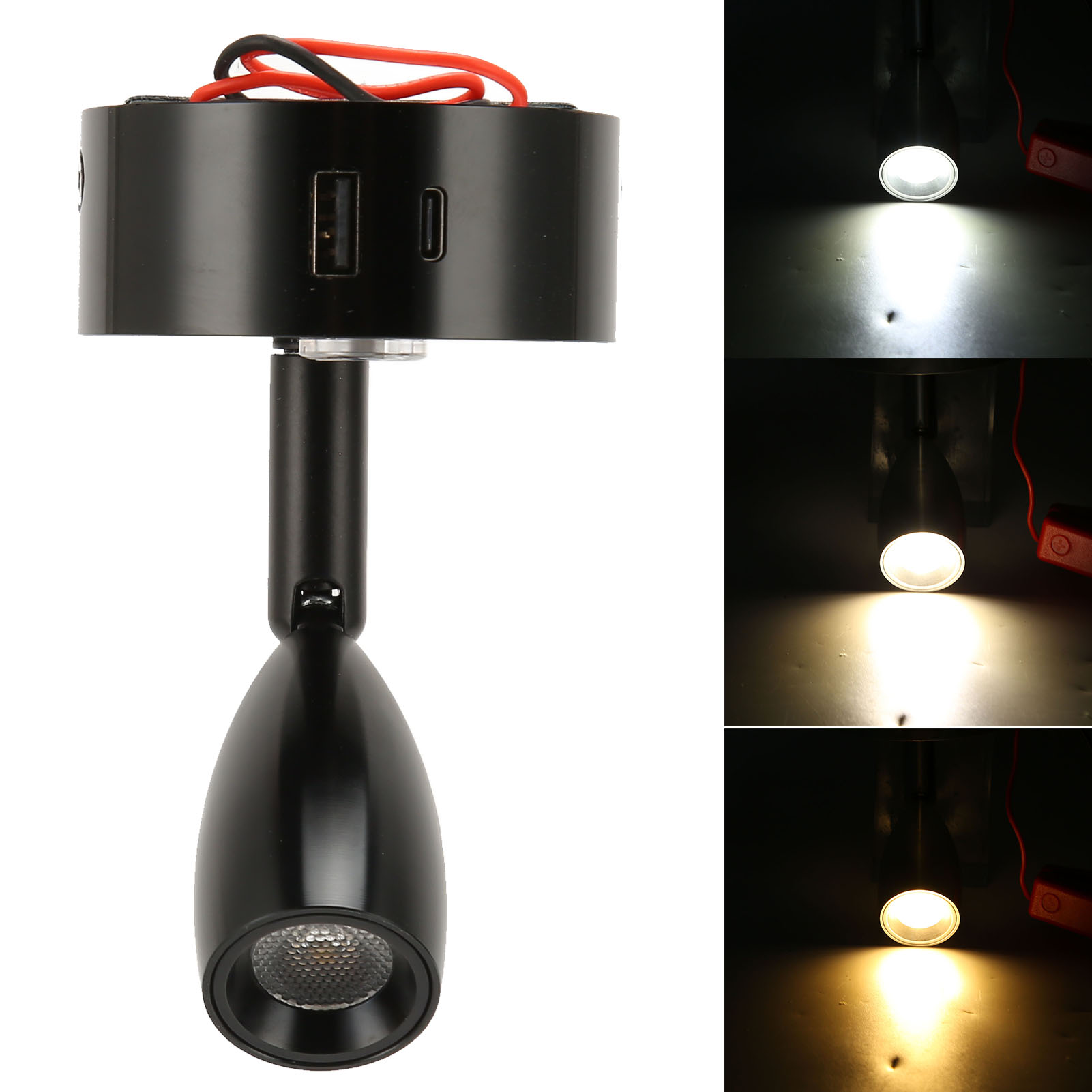 Leselampe Für Wohnmobile Mit Usb- Und Usb-c-anschluss, Polierter Oberfläche, Touch-schalter Mit Einstellbarer Helligkeit (3 Farbtemperaturen), Ideal Für Boote, Yachten Und Wohnmobile. Farbe: Schwarz.