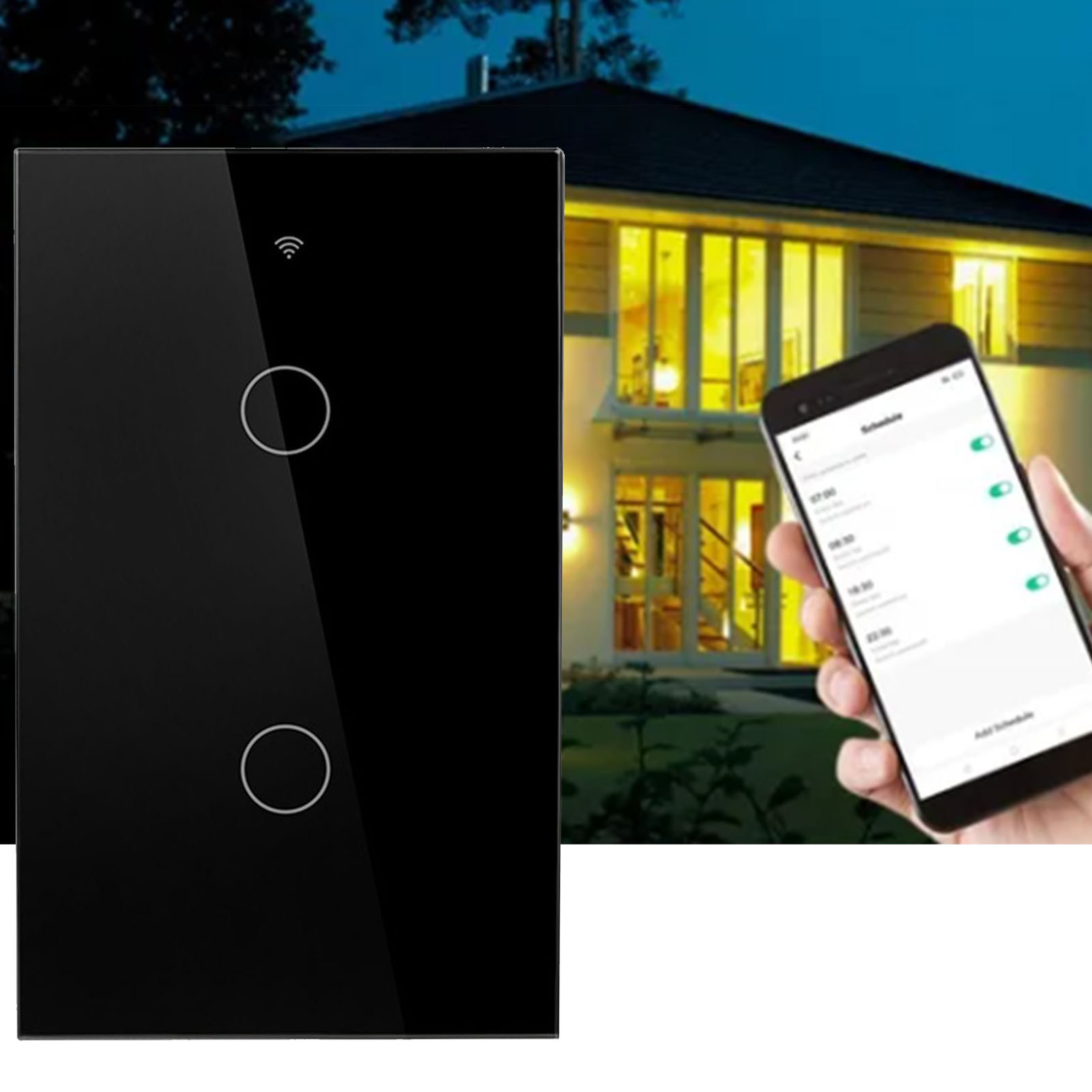 Schwarzer 2-wege-smart-schalter Mit Touchpanel, Wandschalter, Wlan-fernsteuerung Über Mobiltelefon, Alexa-sprachtimer.