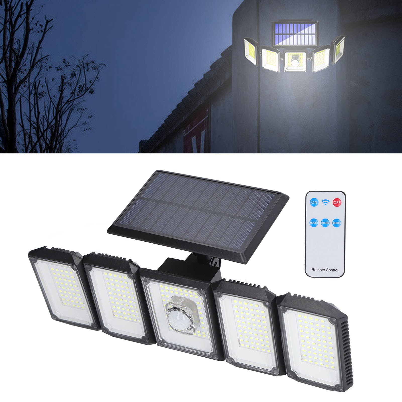 Solar-wandleuchte Mit Bewegungsmelder, Wasserdichte, Drehbare Fünf-kopf-außenleuchte Für Den Garten, Led-solar-straßenleuchte.