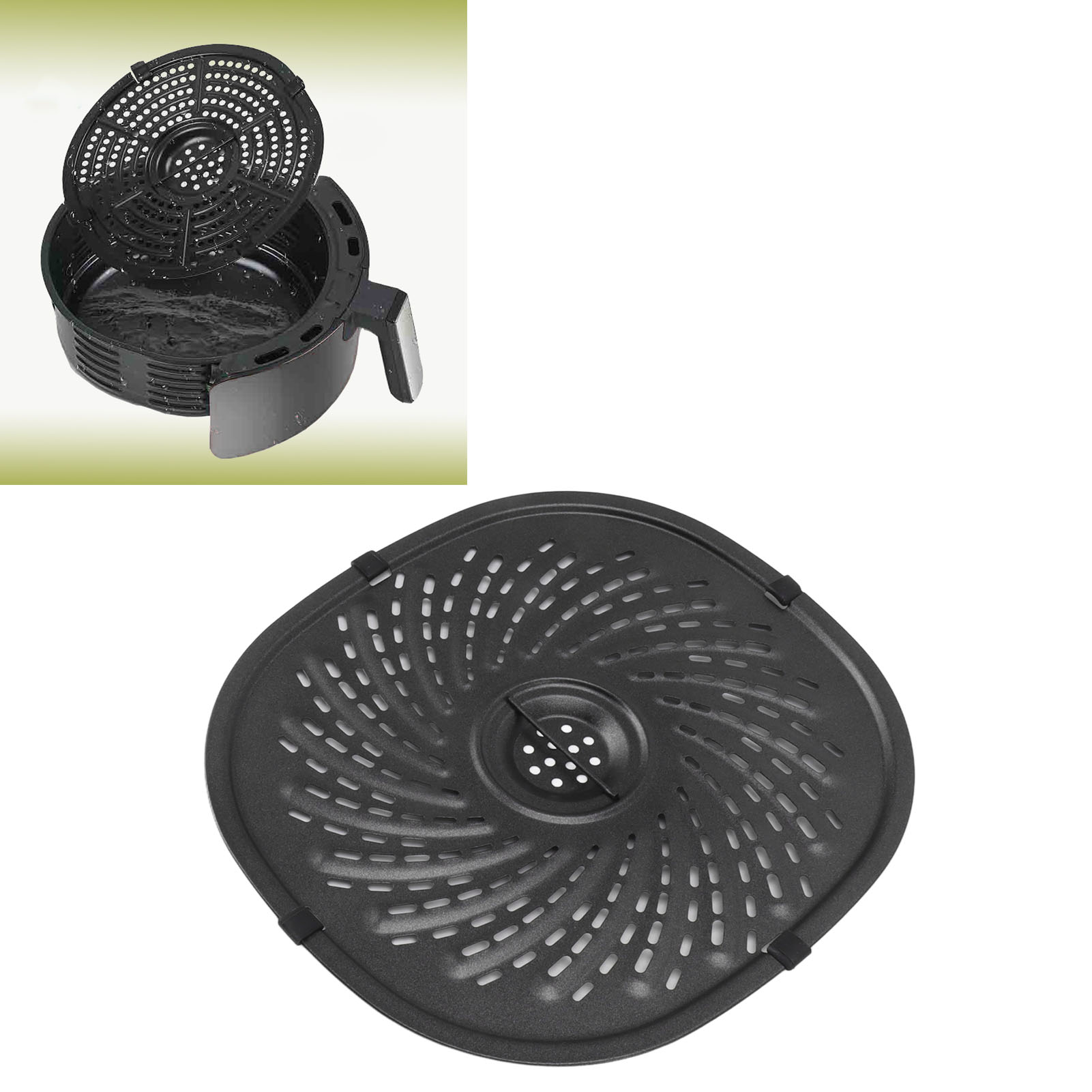 Ovaler Teller Für Heißluftfritteuse 23 X 25 Cm, Zubehör Für Heißluftfritteusen, Trenneinsatz, Dampfeinsatz, Grillrost, Grillzubehör Mit Silikonhülle Und Silikonbürste