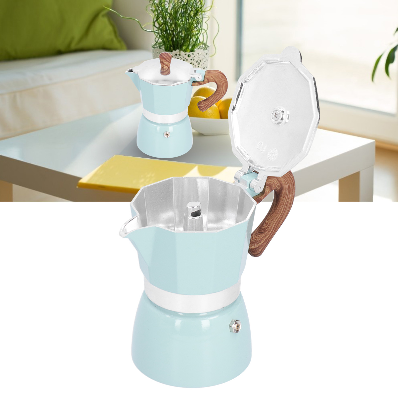 Exquisit Gefertigte Moka-kaffeekanne, Dicke Achteckige Kaffeemaschine Von Höchster Qualität, Italienische Kaffeemaschine, Filterkaffeemaschine, Exquisit Gefertigtes Modell In Seeblau.