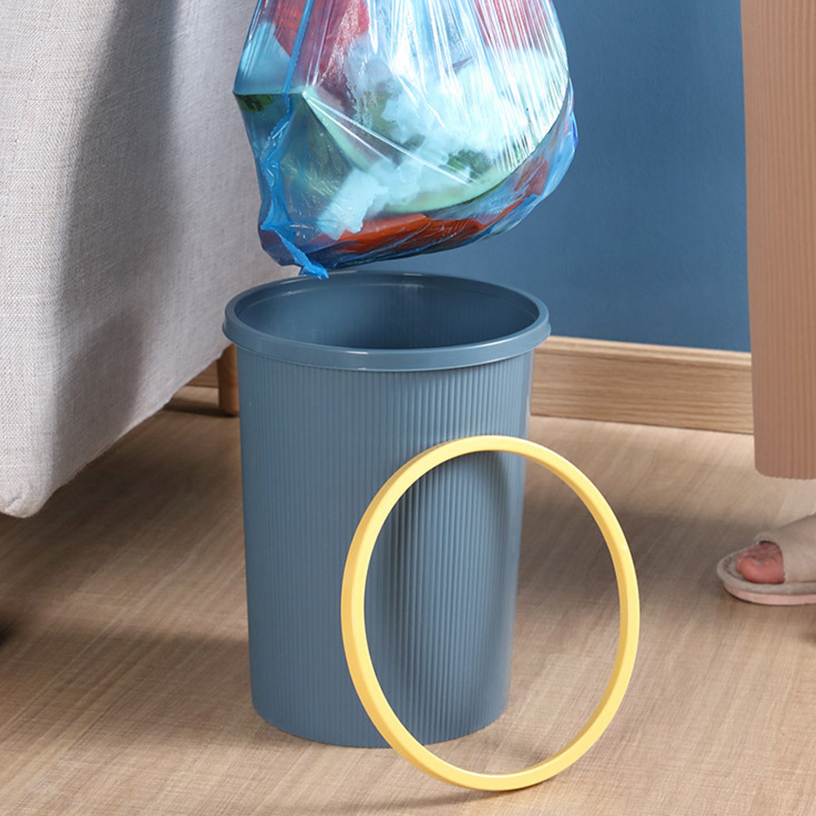 Kreativer Mülleimer Mit Druckknopf Für Zuhause, Offener Mülleimer Für Bad, Küche Und Wohnzimmer, Dunkelblau.