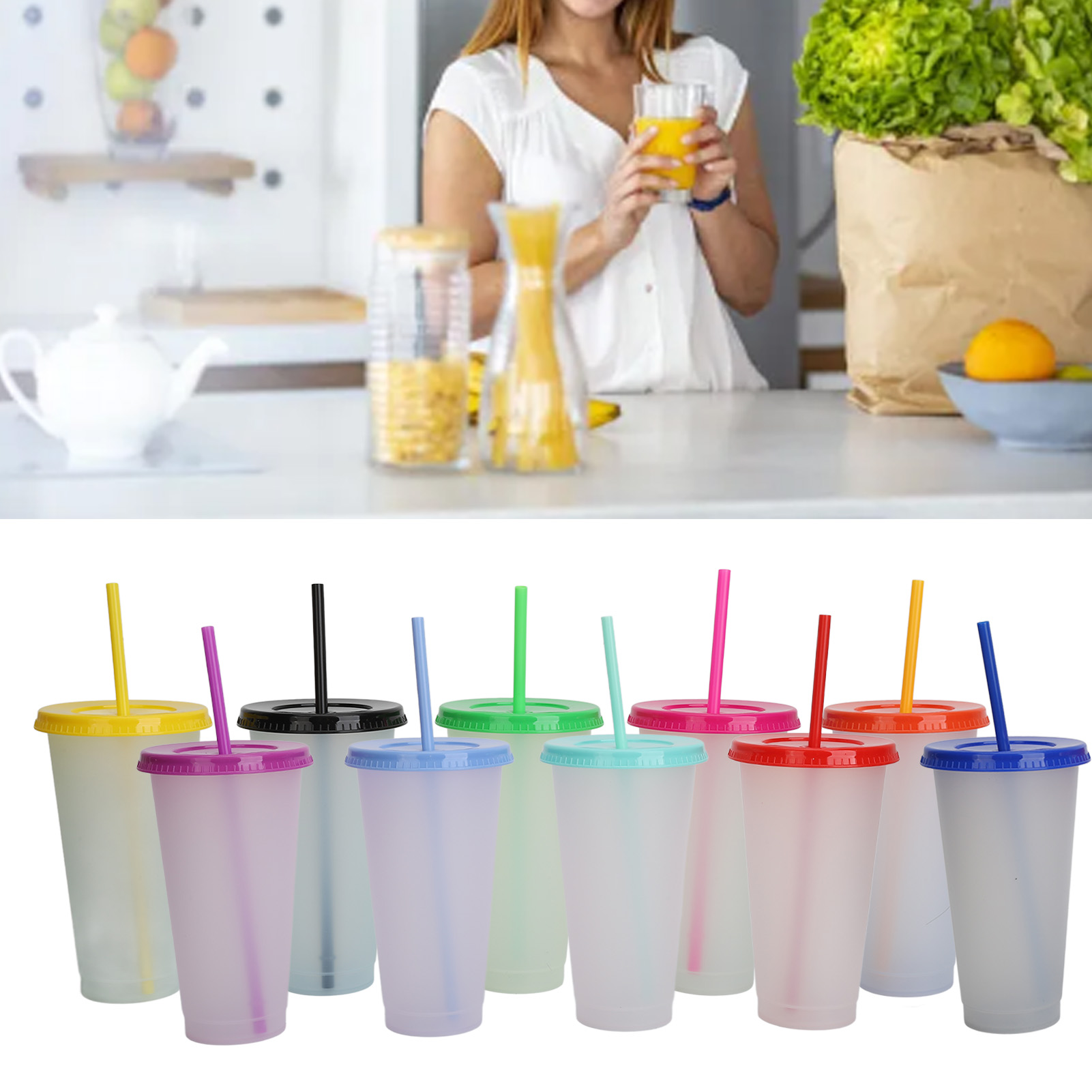 Wiederverwendbarer, Durchsichtiger Plastikbecher Mit Großem Fassungsvermögen (710 Ml), Farbwechselfunktion Und Strohhalm.