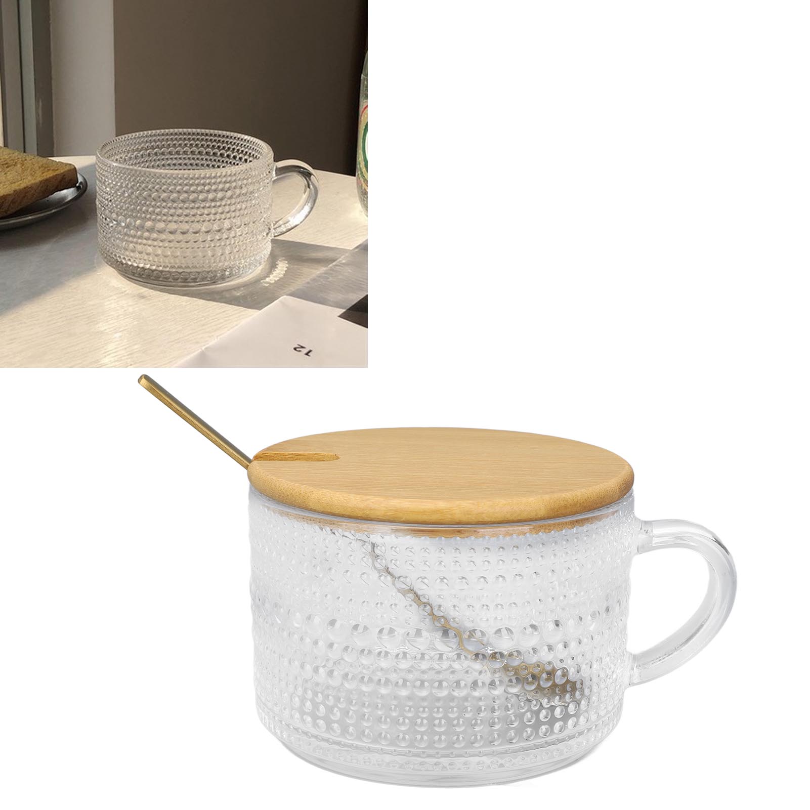Nordischer Frühstücksbecher, 450 Ml, Mit Retro-henkel, Kaffee-/teebecher Aus Klarglas Im Französischen Stil, 4-teiliges Set Mit Polka-dots + Löffel + Bambusdeckel