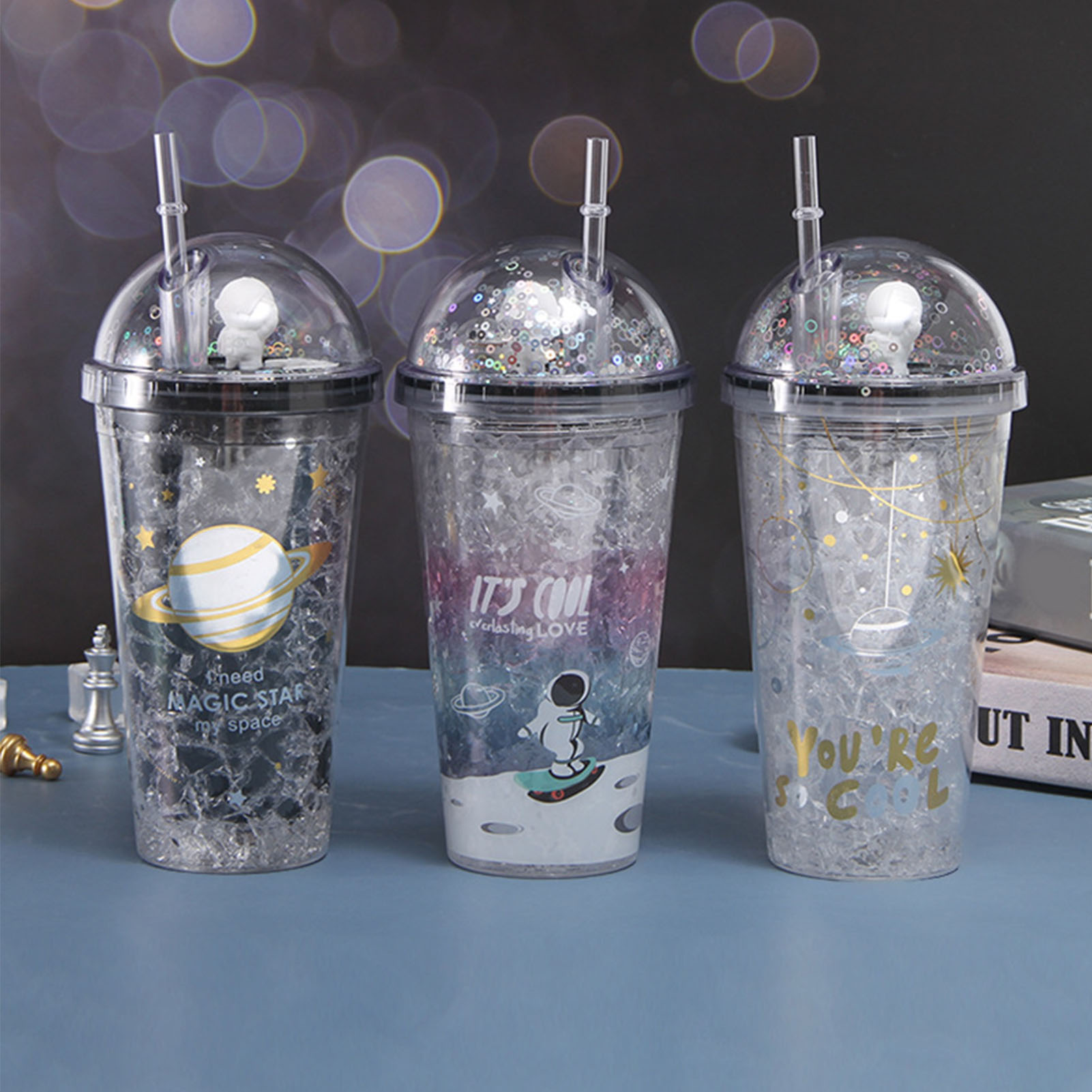 Kreativer Und Trendiger 500-ml-doppelwandbecher Für Schüler, Miniatur-astronauten-planeten-wasserflasche Mit Strohhalm, Modell 1