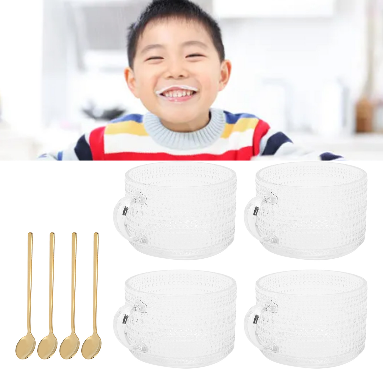 450-ml-frühstücksbecher Mit Nordischem Prägemuster, Haferflockenbecher, Becher Mit Retro-henkel, Durchsichtiger Latte-becher Im Französischen Stil, 4-teiliges Set Mit Polka-dots + 4 Löffel